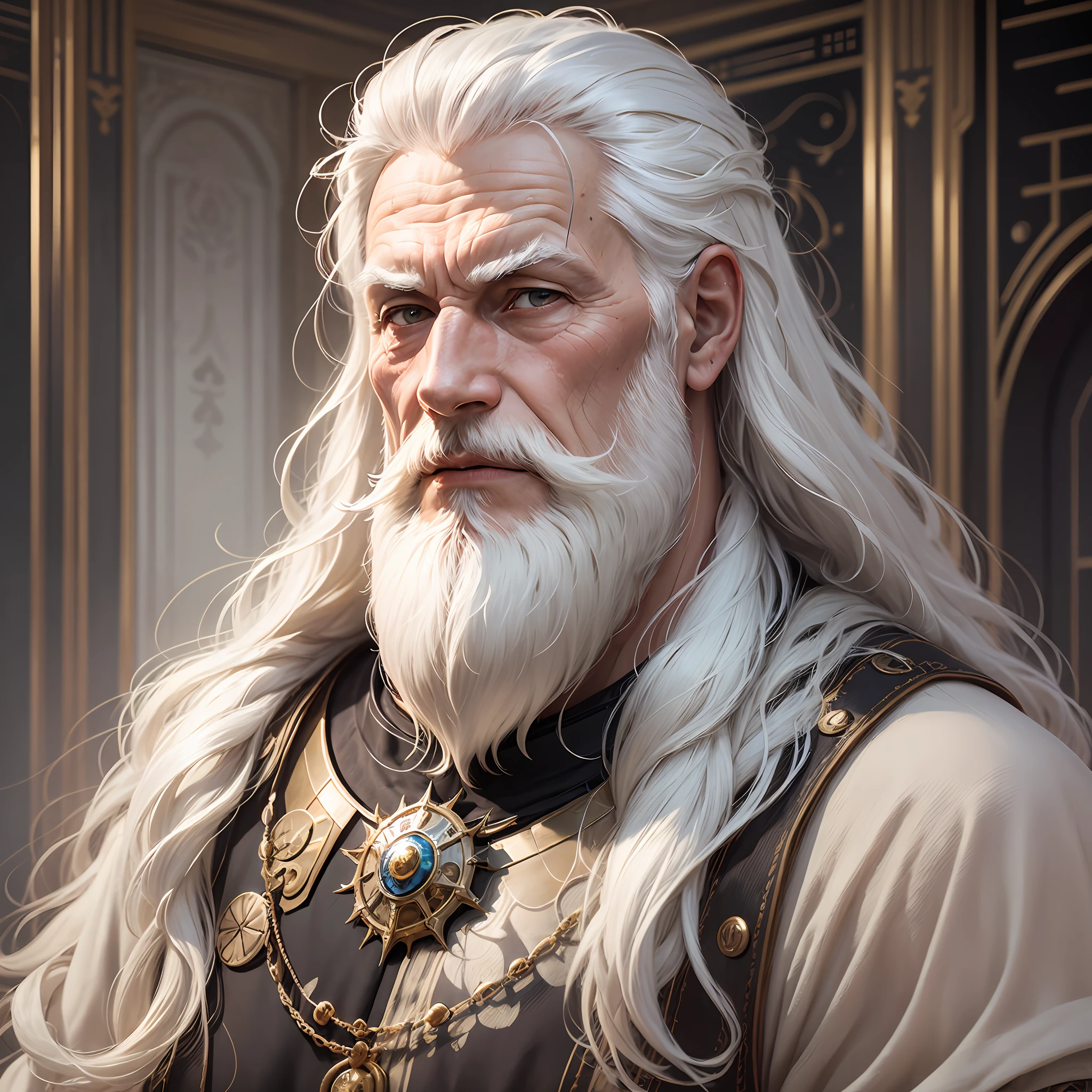 An elder with a beard and white hair, with a serene face, looking producing, inside a futuristic temple --auto --s2