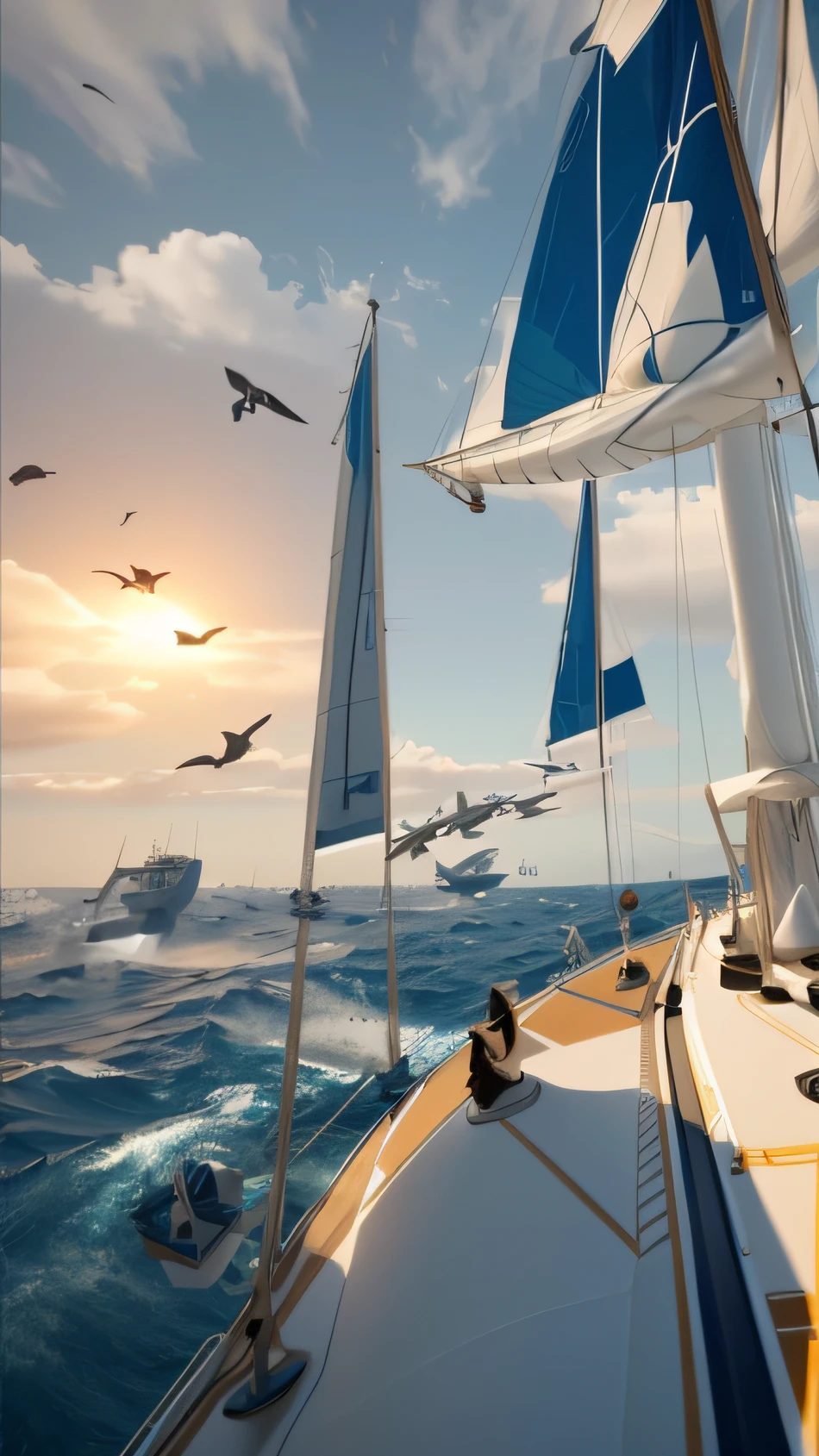 There are many birds flying around on sailboats in the ocean, flying ships in the background, top boat racing simulator, epic look at your scene, CGI Art, naval battles, highly detailed surreal vfx, epic naval battle, Global illumination. vfx, Dramatic action atmosphere, Dramatic nautical scenes, surrealistic digital artwork
