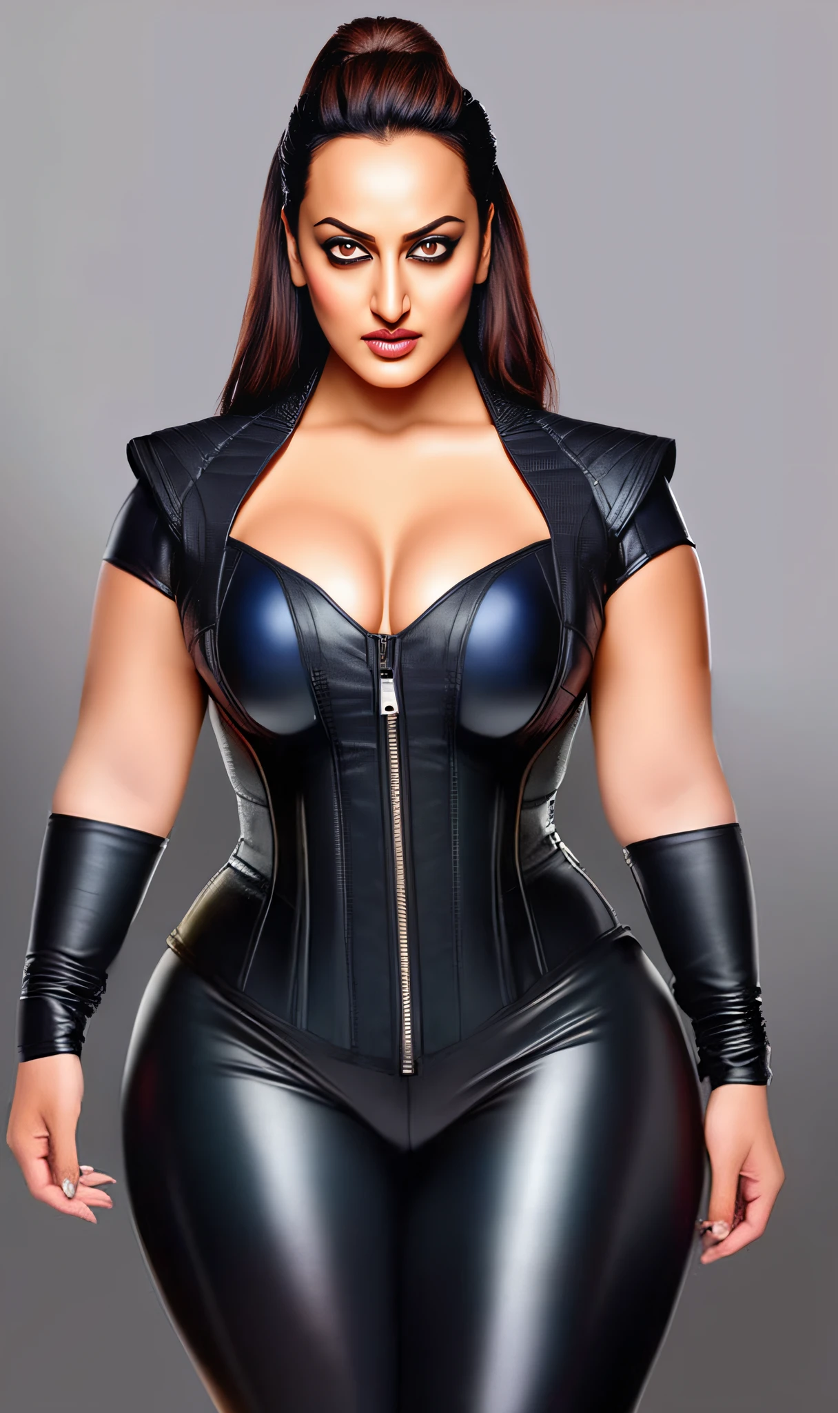 a close up of a woman in a black leather top, fan art, roguish smirk, confident smirk, seductive smirk, thick thighs , wide hips , booty , TIGHT LATEX PANTS , CORSET , menacing look, very attractive and beautiful, closeup portrait shot, mean smirk, intense look, x, breathtaking look, big smirk, aggressive look, stuning, sexy movie photo, sultry smirk