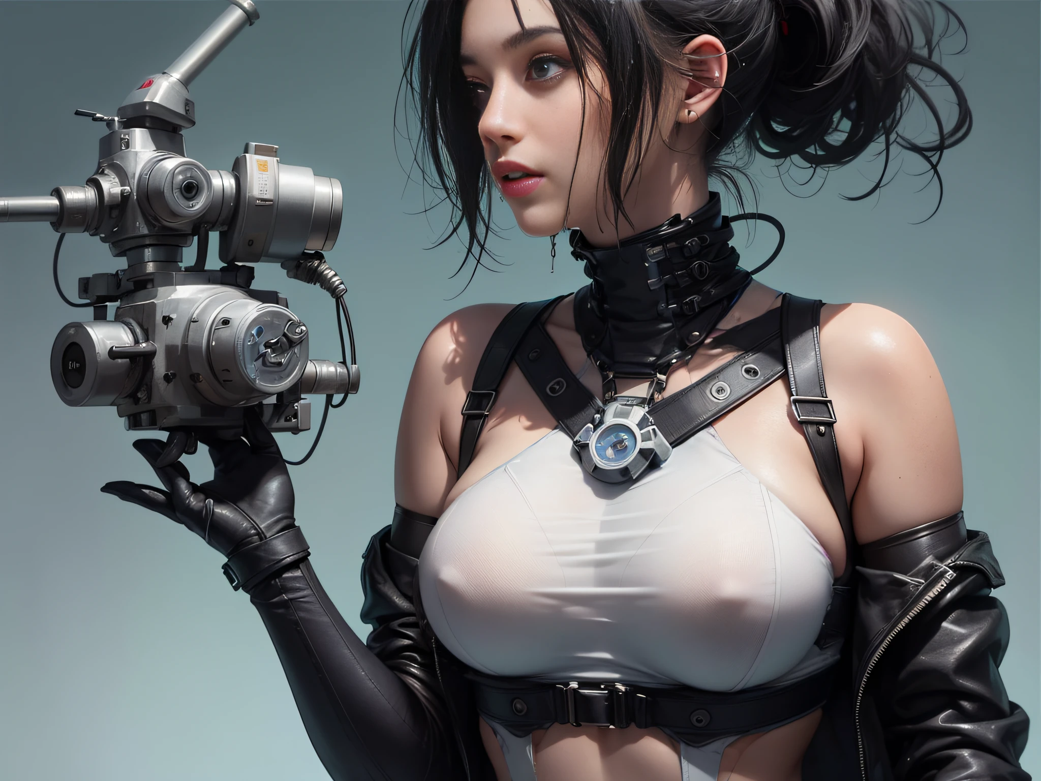 Woman in wetsuit connected by machine hose and wiring, an oppai cyberpunk, glossy wet skin!!, biomechanical oppai, Painted in high resolution, wet shiny skin, 8k high quality detailed art, [ 4 k digital art ]!!, Very detailed ArtGerm, rendered in sfm, fanart best artstation(Very cute woman gets futuristic cyberpunk hotel bodysuit completely torn sexy、Perfect body-wide coverage))。Afro Curly Black Medium Length Hair、a picture、​masterpiece、top-quality、Dark gray background、((1 Girl Glen's eyes and gorgeous black hair、Beautiful perfect face、juicy lips、de pele branca))。Sexy ass soft breasts and white skin、Bimbo lips、Beautiful Caucasian woman in T pose。long legged((perfect chest:1.4))、((Very soft breasts))、hyperdetailed face、A detailed eye。On the test bench of a futuristic spaceship。(((she is soaking wet)))、Her clothes are almost torn、Skin exposed、White substance and water running down her body、Exposed nipple areola、Machine hose and nipple tip are connected、Sexy Pornstar Pose、((top-quality)), ((​masterpiece)), (high-detail:1.3), 3D,nffsw_technotrex,, Computer Server, LCD Screen, Fiber Optic Cable, corporate logos, nffsw (HighDynamicRange), Ray traching, NVIDIA RTX, Hyper-Resolution, Unreal 5, Sub-surface scattering, PBR Texturing,Postprocess,Anisotropy Filtering,depth of fields,Maximum clarity and sharpness,multi-layer texture,Albedo and specular maps,Surface Shading,Accurate simulation of light-material interactions,perfectly proportions,Octane Rendering,two tone lighting,Low ISO,White Balance,thirds rule,Efficient Subpixel,sub-pixel convolution,Luminescent particles,light scattering,Tindall Effect,Sexy Pornstar Pose,Body being milked、The hose of the milking machine is connected to the chest、Milk is being milked、appearance、Milking exposed nipple areola、Connecting machine hoses and nipple tips,Woman in wetsuit connected by machine hose and wiring