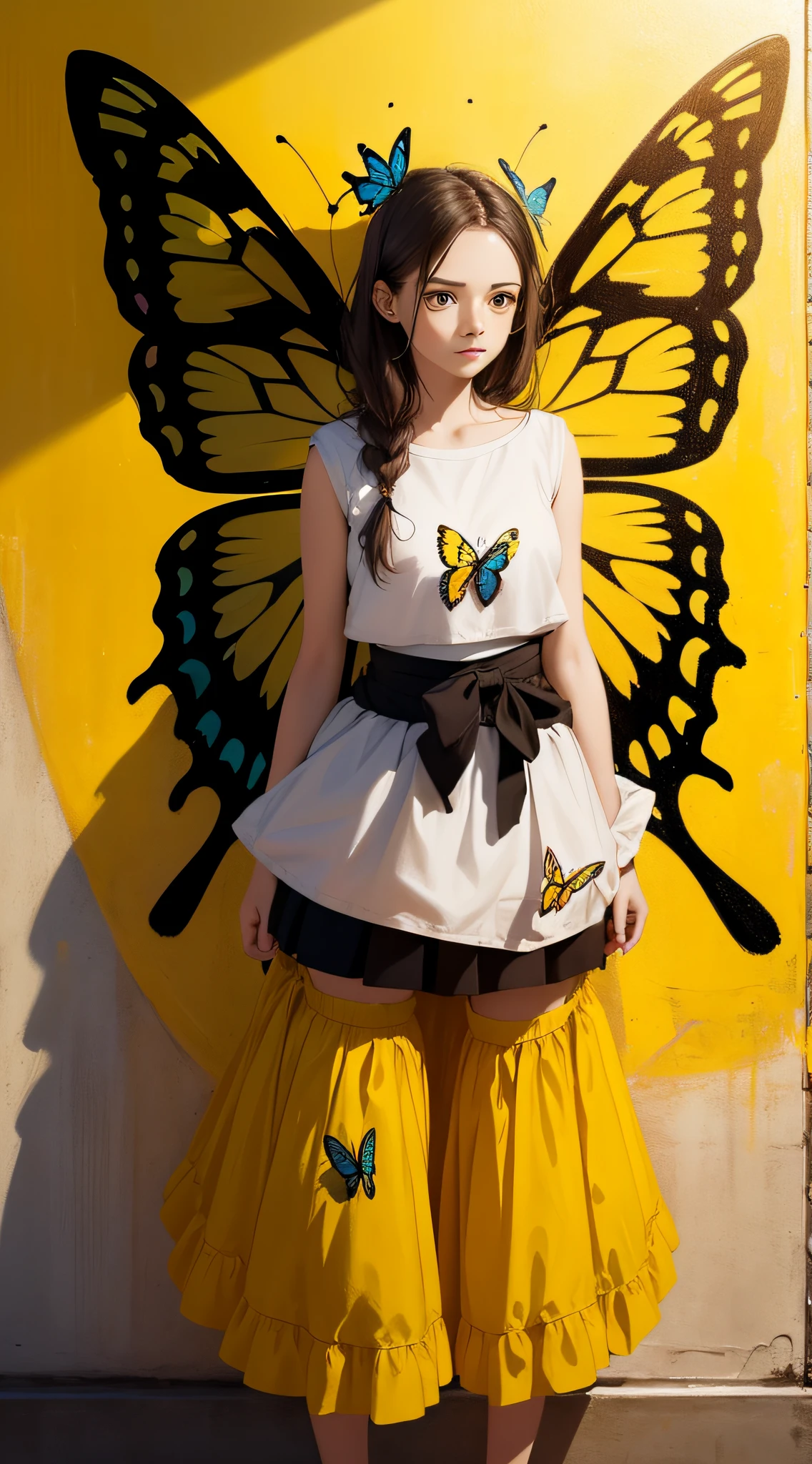 a painting of a woman with a butterfly on a yellow wall, graffiti art, inspired by Brad Kunkle, tutu, russ mills, hip skirt wings, andrey gordeev