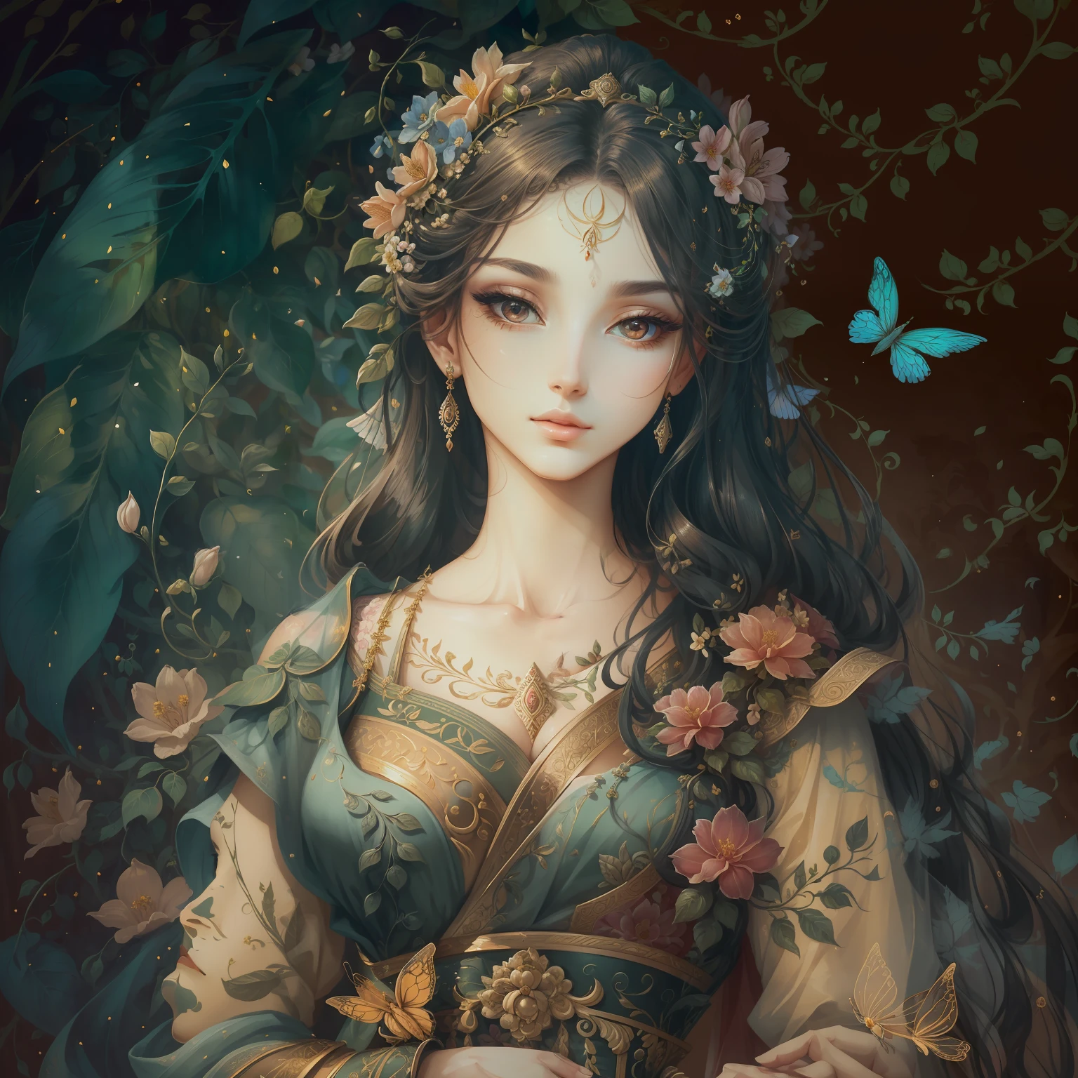 classical aesthetics，Beautiful and meticulous portrayal，High-definition detail，Ancient beauty，The posture is natural，The details stand out，Flowers, vines, butterflys，lovely lips，Revel in the eyes，Flowing, Smooth hair，Beautiful face，Ink painting effect，Natural light