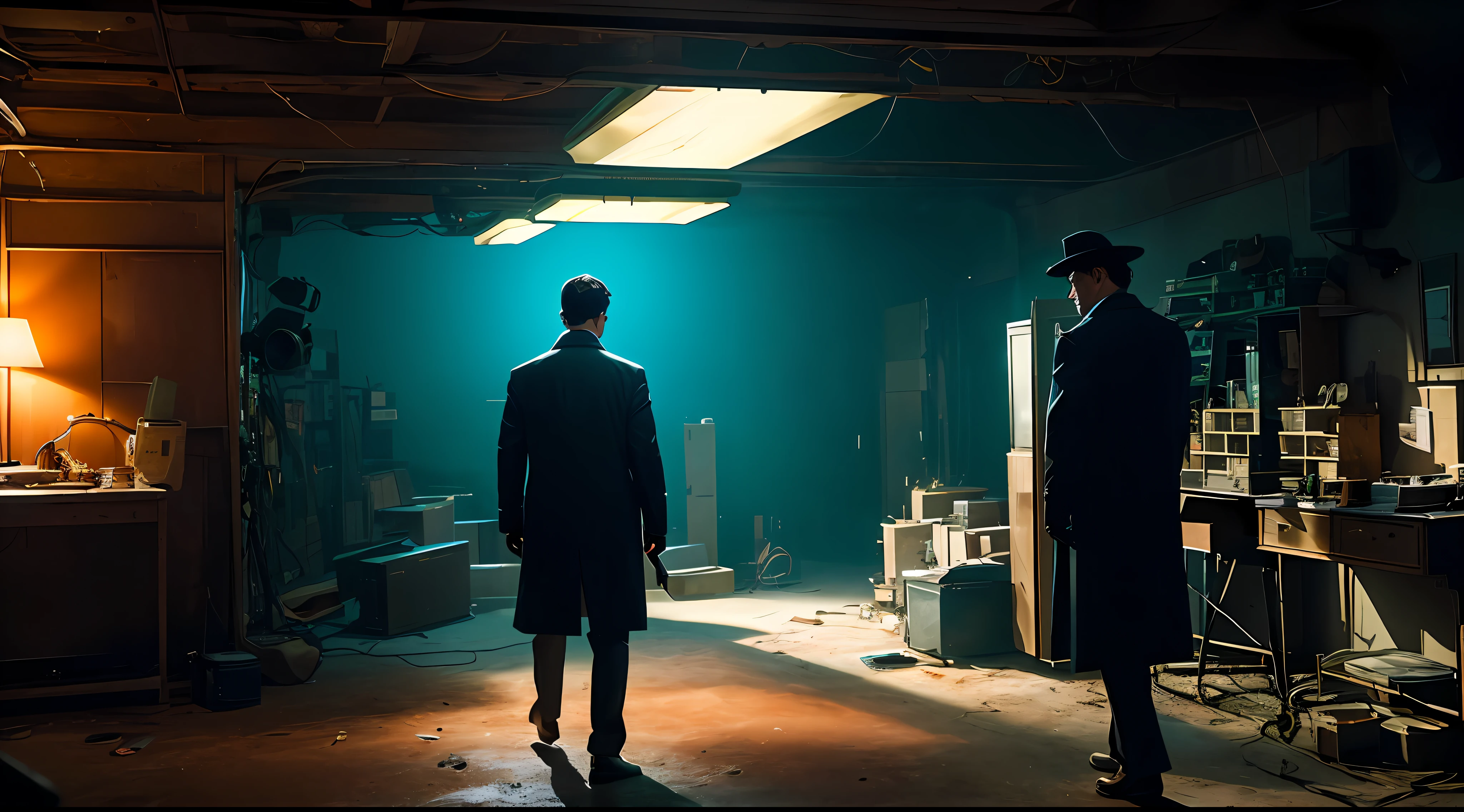 "A detective exploring the enigmatic depths of a cinematic space, where secrets and mysteries intertwine."