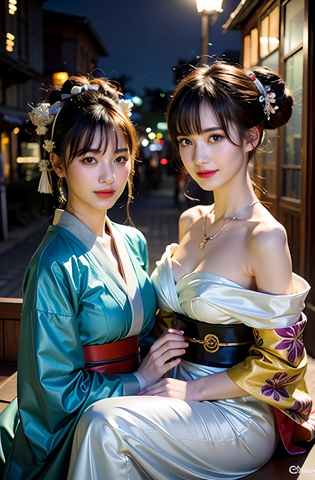 shukezouma, rendering by octane, hdr, (ultra - detailed:1.15), (Soft light, Sharp:1.2), (((((Two girls,duo))))),Beautiful girls,(City lights:1.9),in summer,Onsen,(Nature:1.9),Black hair,Very long hair,grin,Sexy,unaligned breasts, Dynamic Angle,Dynamic pose,Outdoors,Chinese style architecture,High color saturation,Color saturation,(jewelry:1.4),putting on jewelry, Ray tracing,Cinematic lighting,(RAW photo:1.2), (Photorealistic:1.4), absurderes,hyper detail eyes, mature, Onsen,Night,Painting drops, paint teardrops, woman made up from paint, entirely paint, splat, Splash, Long colored hair, Kimono made of paint, Ultra-fine texture kimono, Paint kimono, paint bulb, Exposed cleavage, paint drops, Exposed shoulders, Tears,shoulders are visible, Thighs exposed, seminude, focus onface, Beautiful face, eye shadows, Dark circle contour, russian face, Russian girl, mascara, Beautiful, 18yr old