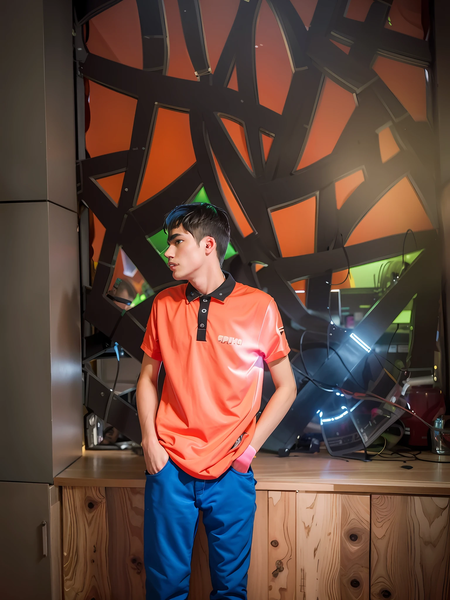 You're looking at your computer screen, where a 21-year-old is playing a 4K game. He's sitting in a black leather chair, wearing a pair of RGB-lit headphones and a black T-shirt with the logo of his favorite game emblazoned on his chest. His eyes are fixed on the screen, while his skilled fingers quickly move the mouse and keyboard, making precise and quick movements in the game. The room is dark, with only the light from the monitor and the RGB lighting of the young man's accessories illuminating the room. You can feel the excitement and adrenaline of the young man as he plays his favorite game in high definition.