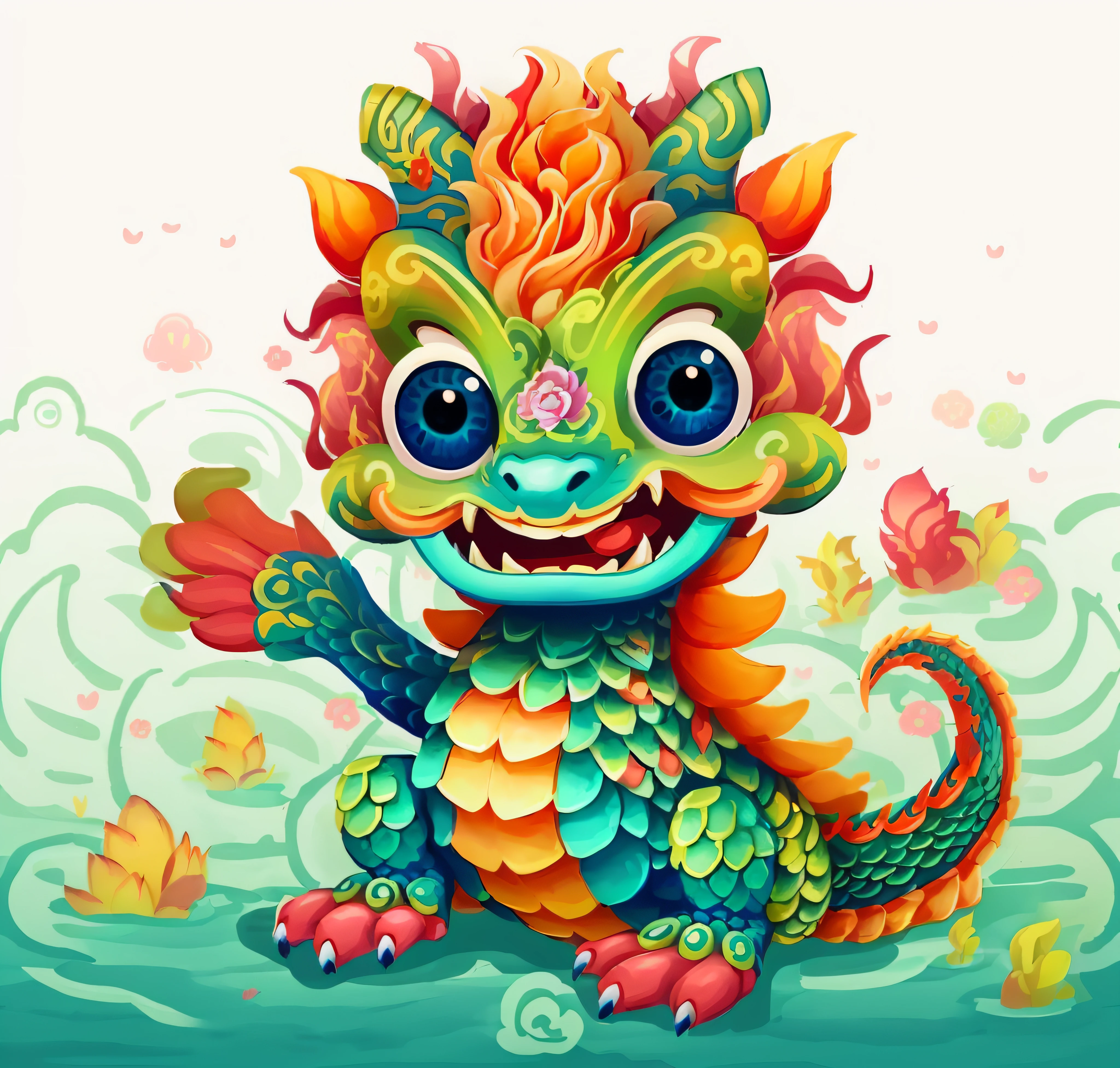 Illustration of a colorful dragon with a flower head and tail, Cute detailed digital art, cute little dragon, lovely digital painting, cyan chinese dragon fantasy, adorable digital art, mythological creatures, Chinese Dragon, cute detailed artwork, anthropomorphic dragon, jellyfish phoenix dragon, smooth chinese dragon, stuffed dragon, fantastical creature, Dragon Art, cute monster character design