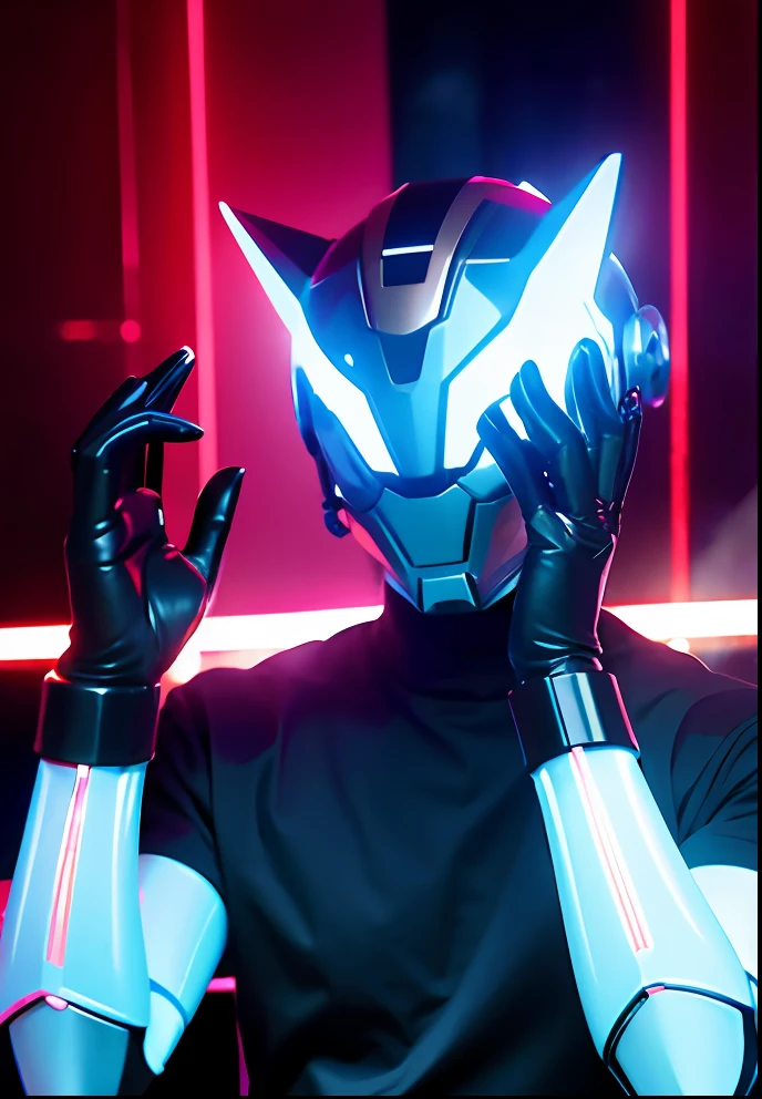 There was a man wearing a helmet sitting at the table, the robot wearing her human mask, glass oled mecha visor, gundam head, with robot dragon head, helmet instead of a head, Man with robot head, Huge robot head, cyborg mouse, dark visor covering eyes, Ultraman, Glowing Eyes in Helmet, humanoid car head, chrome mask