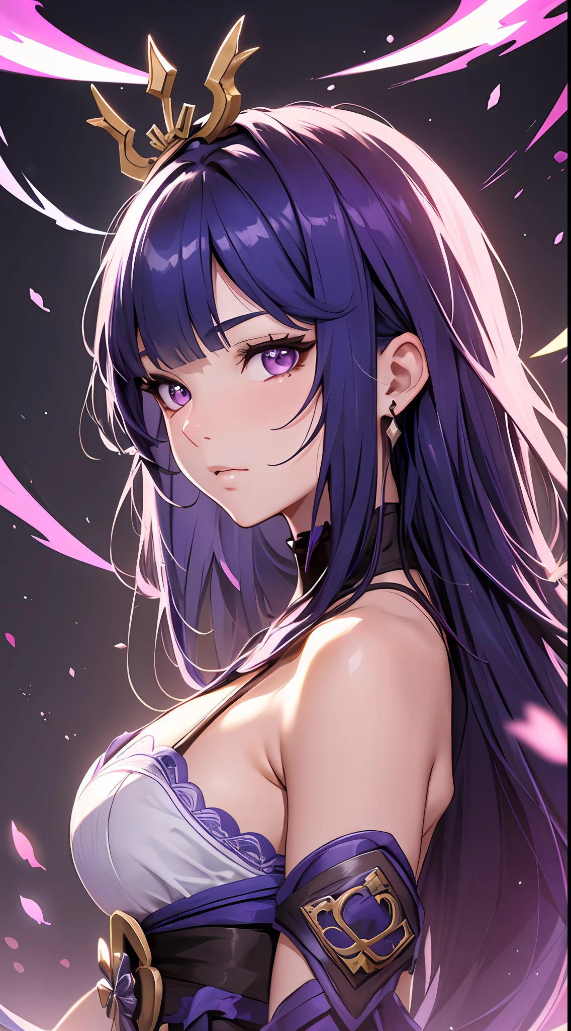 Mast, best quality, 1 girl, eula \ (Genshin Impact), purple hair, pink eyes, medium hair, headband, hair accessories, looking at the audience, from the side, cosplay costume (raiden shogun/ genshin impact)
