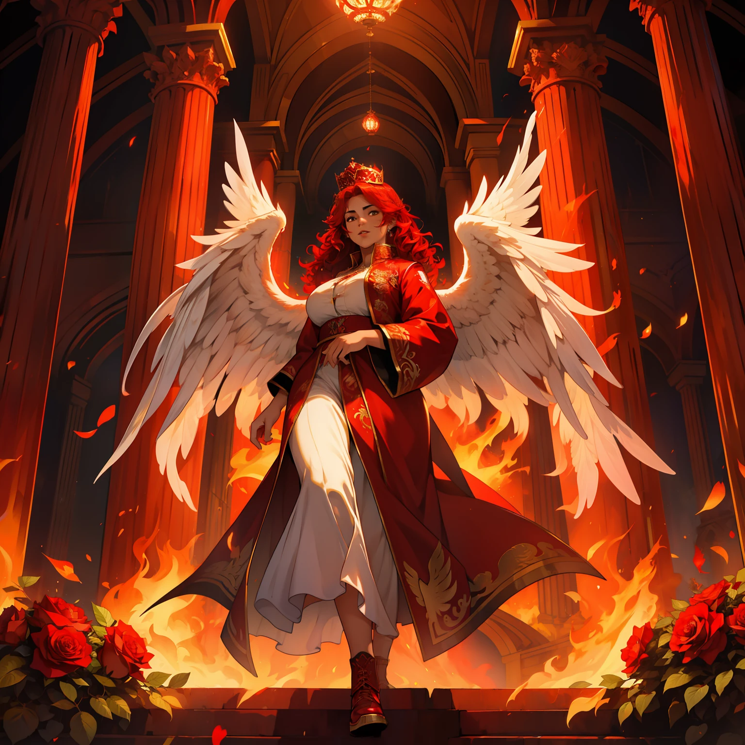 Red Phoenix , beautiful female, chubby, flames on body, huge wings, curly hair, flames, fire, in gardens of roses, supreme royal attire, massive wings, red wings, crown, inside palace