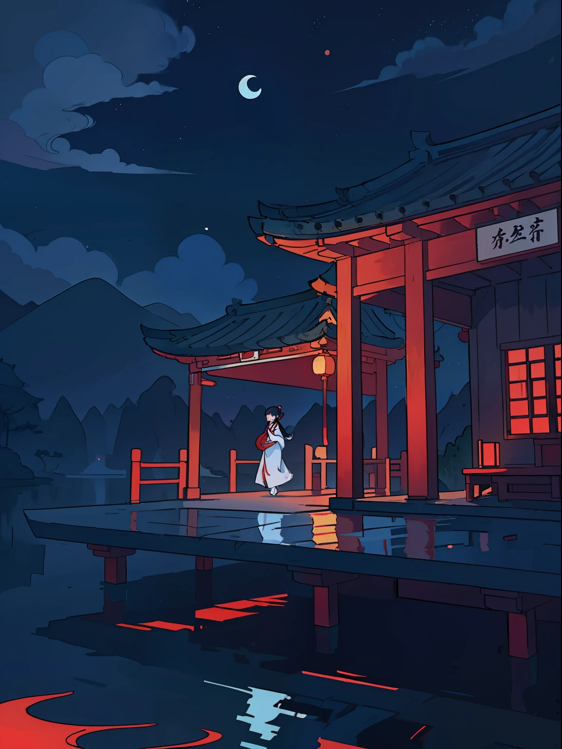 a night scene with the Chinese porch, a Chinese lady walk through, wearing Hanfu, Minimalist illustrations, classical, Chinese Zen, minimalism, Tang dynasty, landscape painting, red and classical blue gradient, water reflection, moon, zen-like tranquility