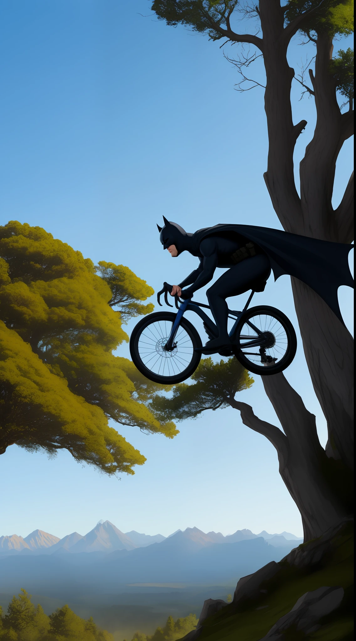 batman riding ownhillbike mountain trees briht color bluesky