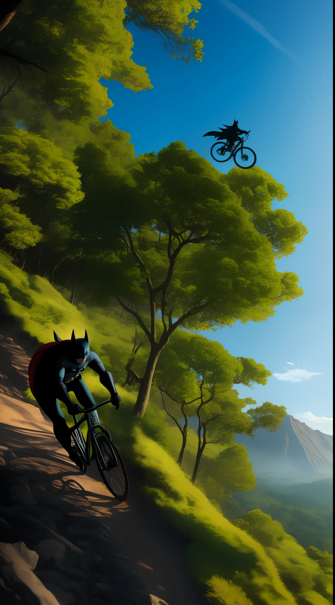 batman riding ownhillbike mountain trees briht color bluesky