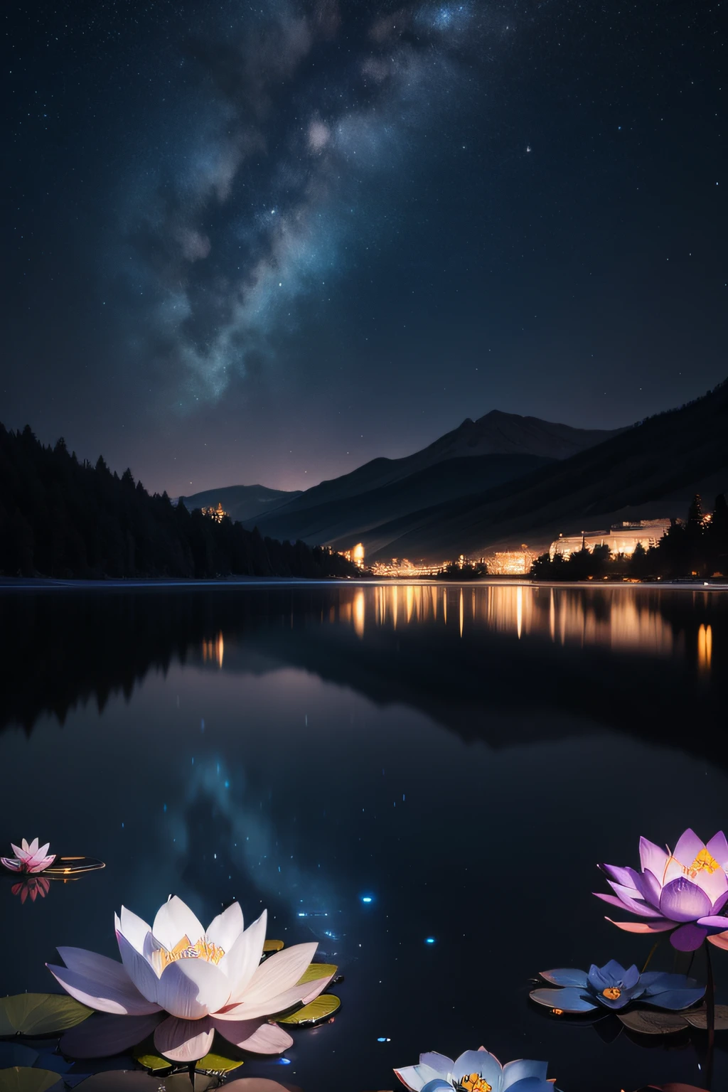 Blue lotus starry sky lake night