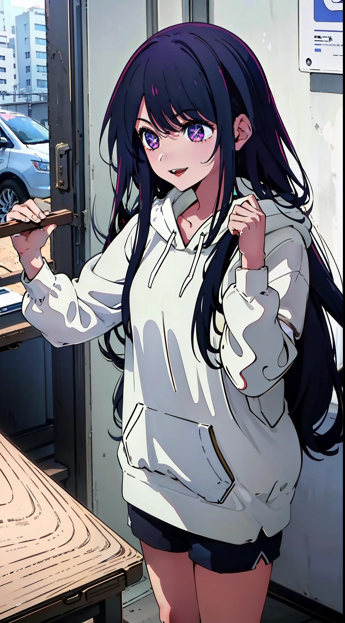 casual outfit, city, tokyo, long hair, happy expression, smile, masterpiece, best quality, outdoors, outside, sunny, big hoodie, short shorts