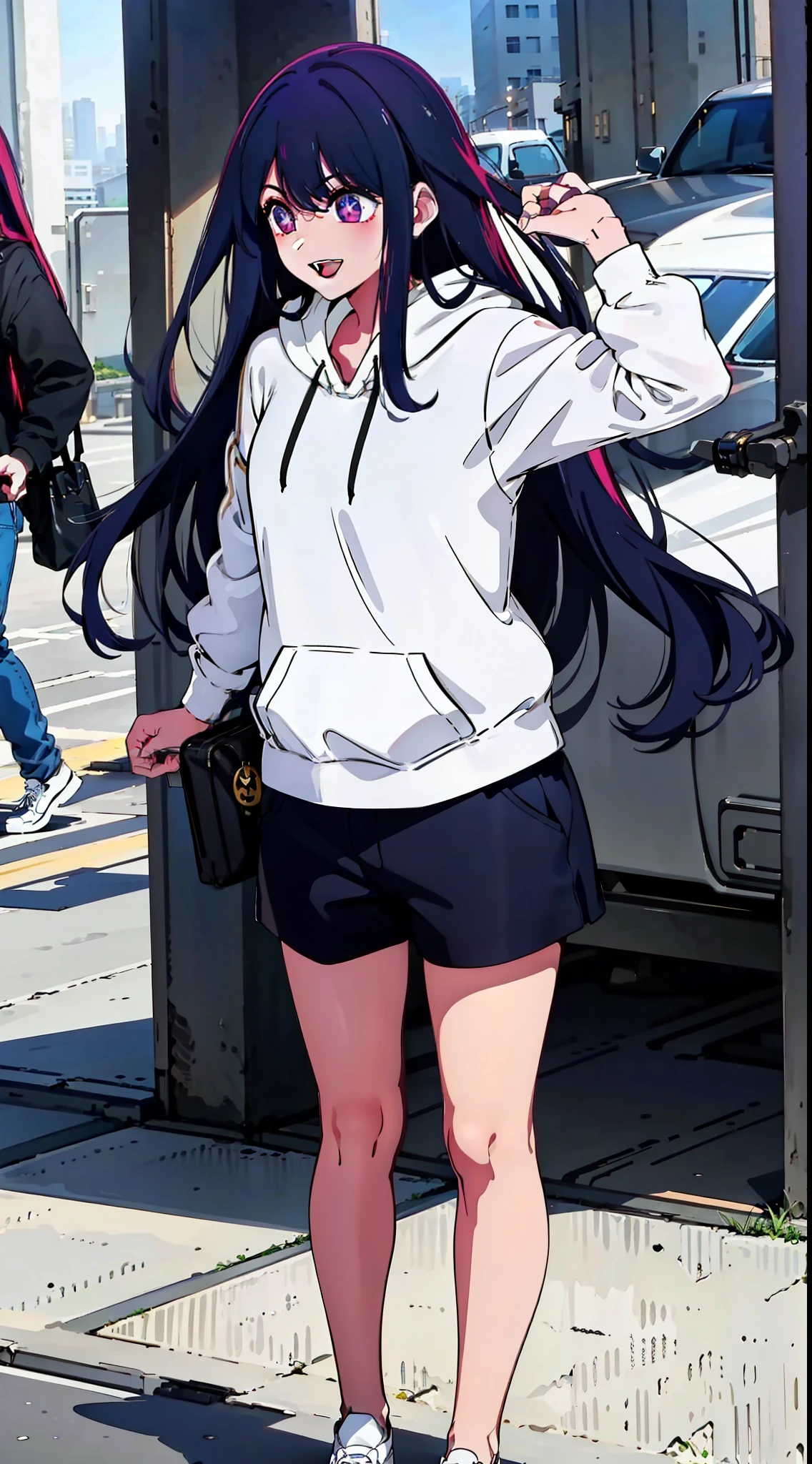 casual outfit, city, tokyo, long hair, happy expression, smile, masterpiece, best quality, outdoors, outside, sunny, big hoodie, short shorts