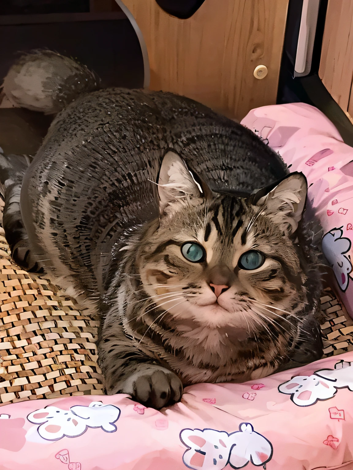 there is a cat that is laying down on a bed, sitting on her bed, april photo, Fat cat, she has a jiggly fat round belly, shikamimi, She has a cute face, chonker cat, she's lying on her back, fat cat on desk, she is about 1 , taken with sony alpha 9