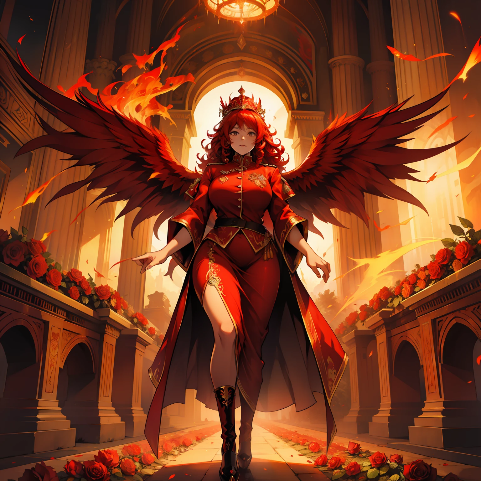 Red Phoenix , beautiful female, chubby, flames on body, huge wings, curly hair, flames, fire, in gardens of roses, supreme royal attire, massive wings, red wings, crown, inside palace