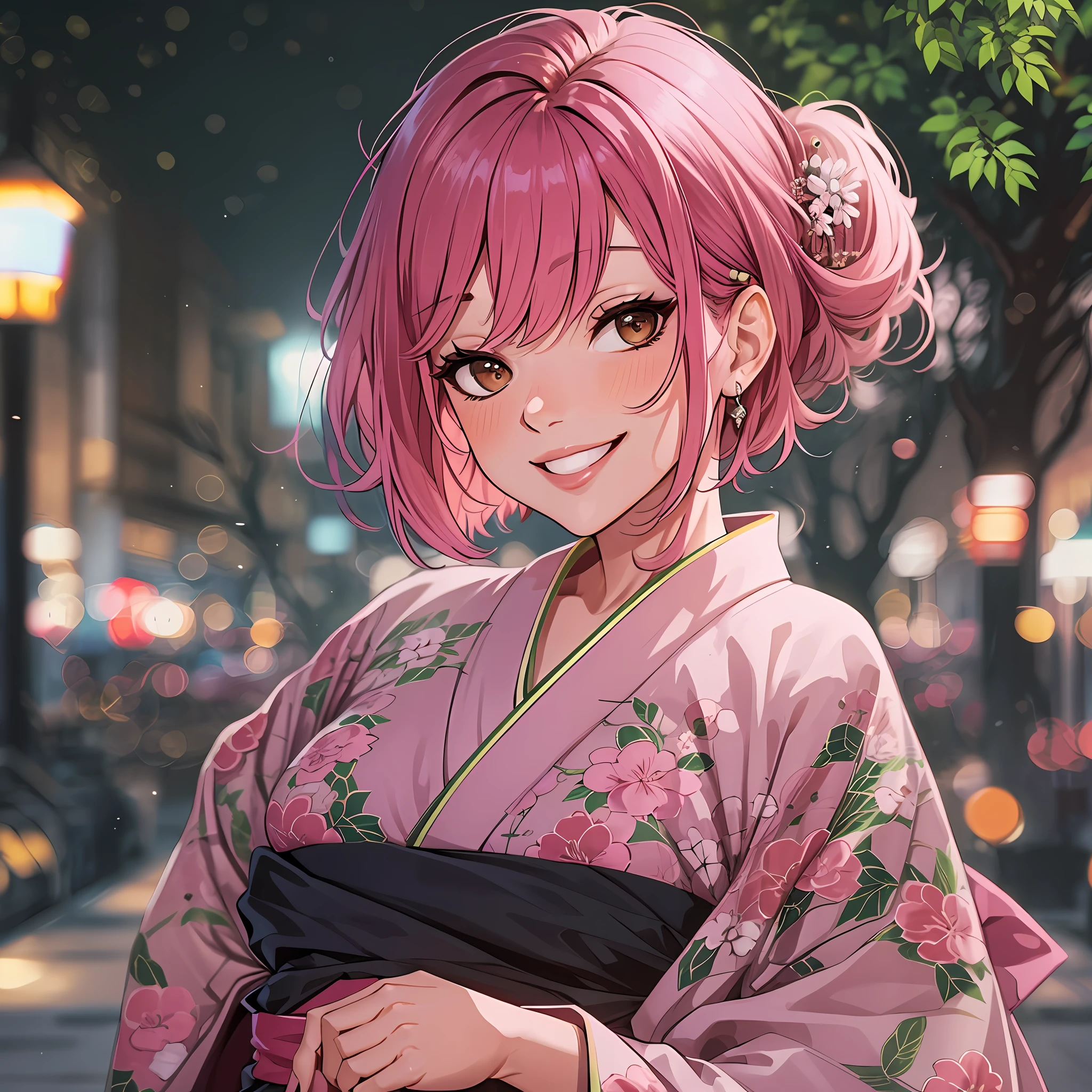 Beautiful woman, (mature face:1.4), medium shot, looking to the side, medium breasts, kimono, bobcut, pink hair, smile, outdoors, night, brown eyes