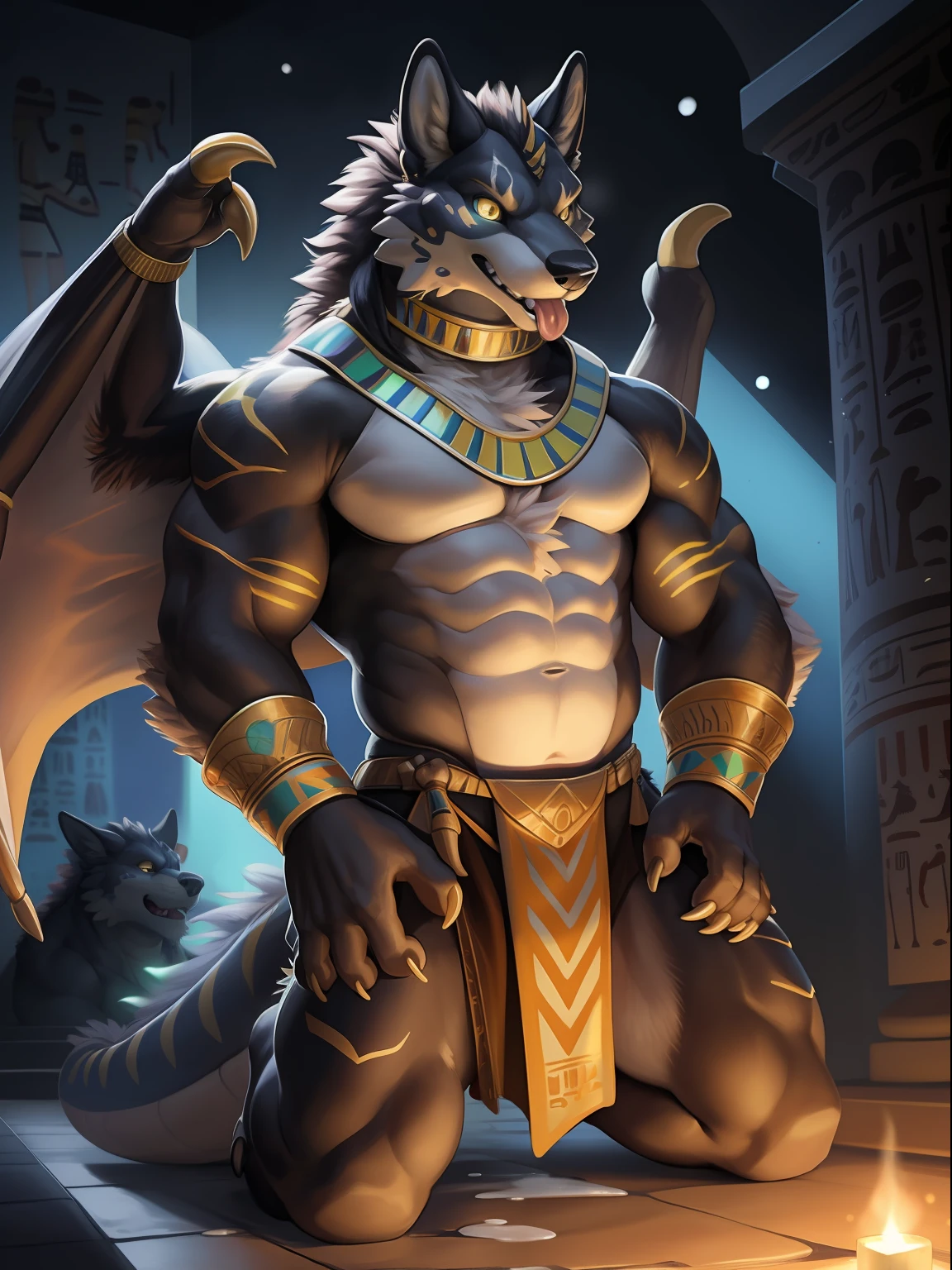 Solo, Male, (Muscular), sacrifices, (male anthro wolf):1.3, Pure black body,Kneel, (Kamimei):1.3, (komono:1.4) (DOA):1.23, (, The loincloth is semi-worn,Half comes off, Yellow pattern:1.2), Detailed eyes, lizard tail,A pair of dragon horns, A pair of dragon wings,((half-body portrait)), (Detailed eyes, Yellow eyes, Black skin,Yellow stripes,Sharp claws,Cute beast claws,Stick out her tongue,drools,Fluid spills from the lower body,Milk spilled all over the floor,Egyptian costumes,Egyptian totem,Abinus,glowing light eyes):1.1, (exteriors:1.35), altar, firey, fumo, In an Egyptian style bedroom, the night, Be red in the face,Kneel,Collar,submit to,Drunk,enjoying,(Particle,glowworm,blue glowing):1.3,detailedbackground,realisticlying,realistic hand,8k hdr,(Dark shadows,Wide dynamic range,hdr,low-light:1.2),author(pino daeni,(author:by ruaidri),author:virtyalfobo)