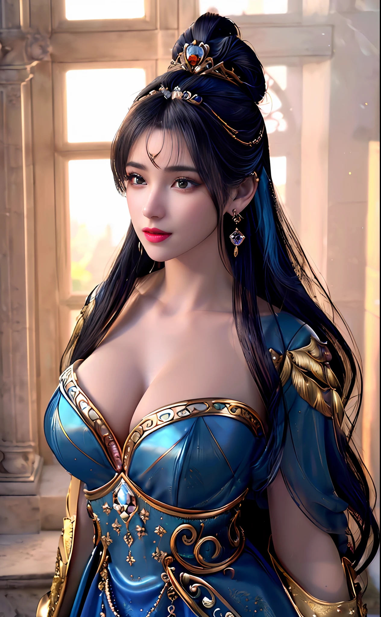 ((realisticity: 1.2)), ((best resolution: 8K UHD)), best quality,masterpiece,highres,cg,
((1 super detailed and super realistic girl)), ((very beautiful queen dazzling, super realistic, and super detailed)),((white skin, beautiful, smooth, youthful, super realistic and super detailed
)), long hair, ((super realistic and super detailed dress)), solo, ((super realistic, super beautiful, gorgeous and super detailed jewelry)), ((super beautiful, super realistic and super detailed dark blue and golden yellow dress)),
((super beautiful, super realistic, super detailed diamond filled earrings)),
  ((super beautiful, super realistic and super detailed diamond filled hair ornament)), ((super beautiful upper body, super beautiful, super realistic and super detailed)), ((big breasts: 2.5)), 
((super grand, super realistic and super detailed royal palace backgroun))
((super beautiful, super beautiful, super realistic and super detailed hair bun)), ((super beautiful, super realistic and super detailed blue hair)),
candid, Photograph, high resolution, 8k,Bokeh,