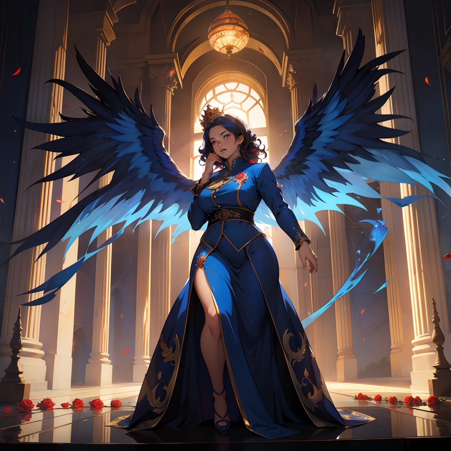 Blue Phoenix , beautiful female, chubby, flames on body, huge wings, curly hair, flames, fire, in gardens of roses, supreme royal attire, massive wings, blue wings, crown, inside palace