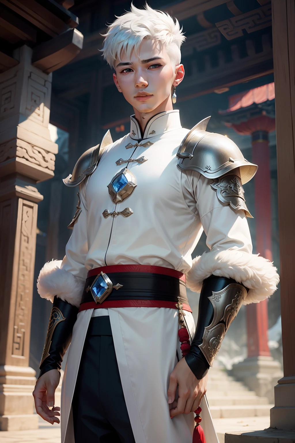 Young man with short white hair,Put on crystal armor,Ancient Chinese wind。