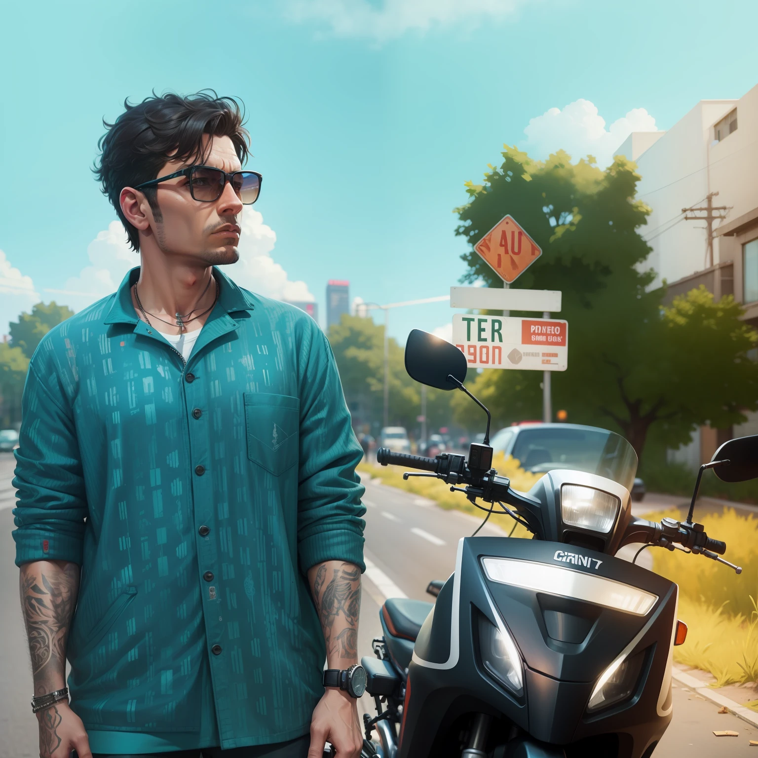 Illustration art, Realistic, 4k, hd, colourful, Gangster, oversized clothes, advance city, earpin, gta city, bike,