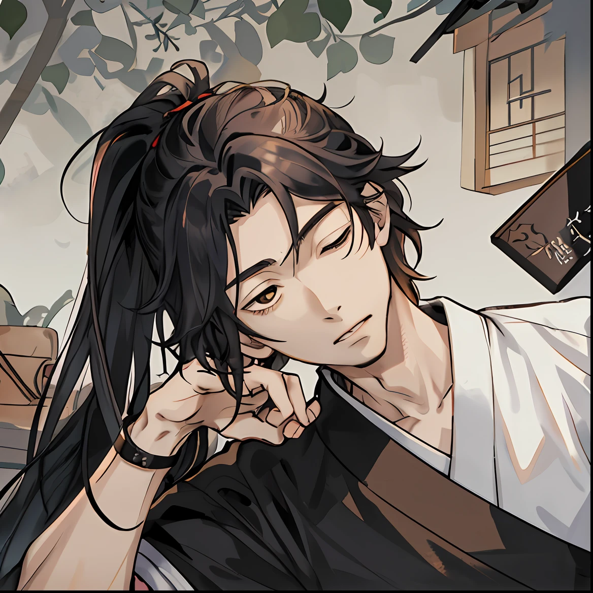 Handsome guys in art, Handsome Japanese boy,young anime man,Dressed in period costume, Grid 4 K, No boy woke up,Support your face with your hands clenched into fists,Sleepy,Handsome,Idle,With your mouth open