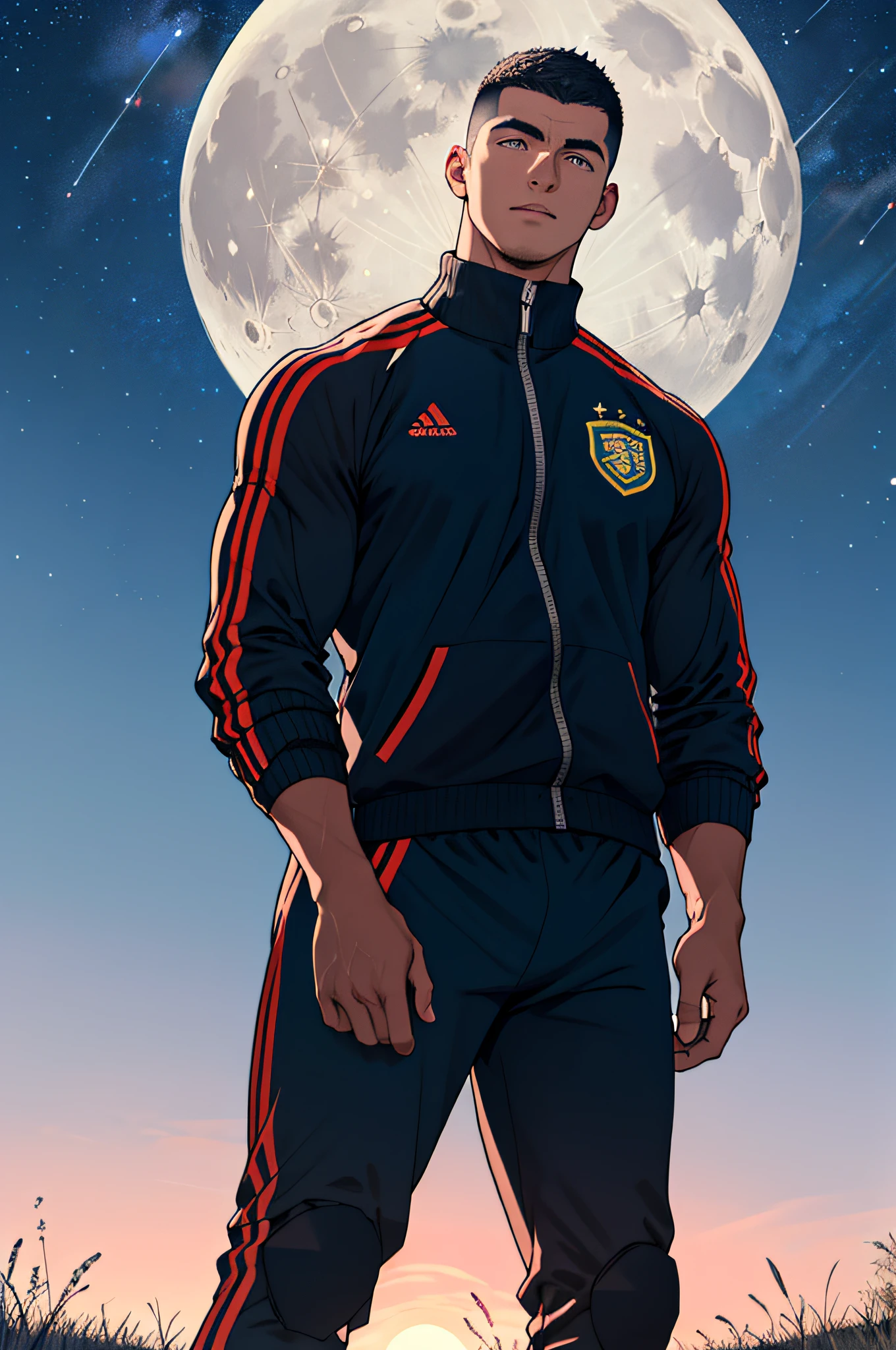 Draw a full-fledged footballer,Standing on the steppe at night,He was wearing a tracksuit,The man looks confident and determined,looking-down,Crew cut,full bodyesbian,Stars dot the sky,shooting from below,Big moon highlights background