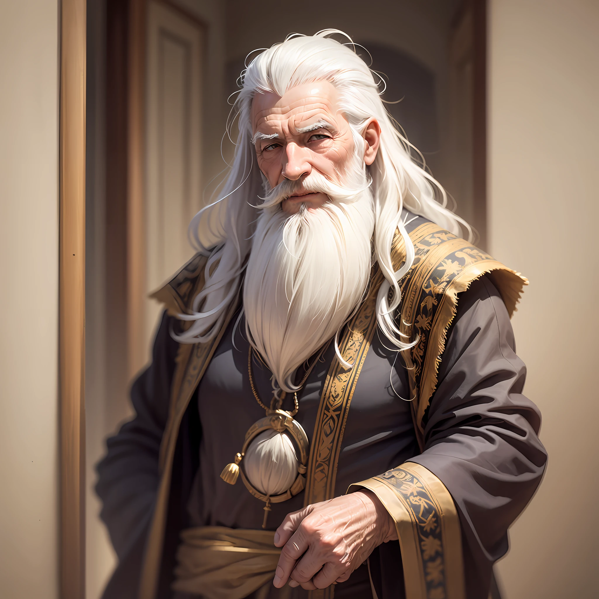 an elder with a beard and white hair, com rosto sereno, look of compassion producing, dentro de um templo --auto --s2