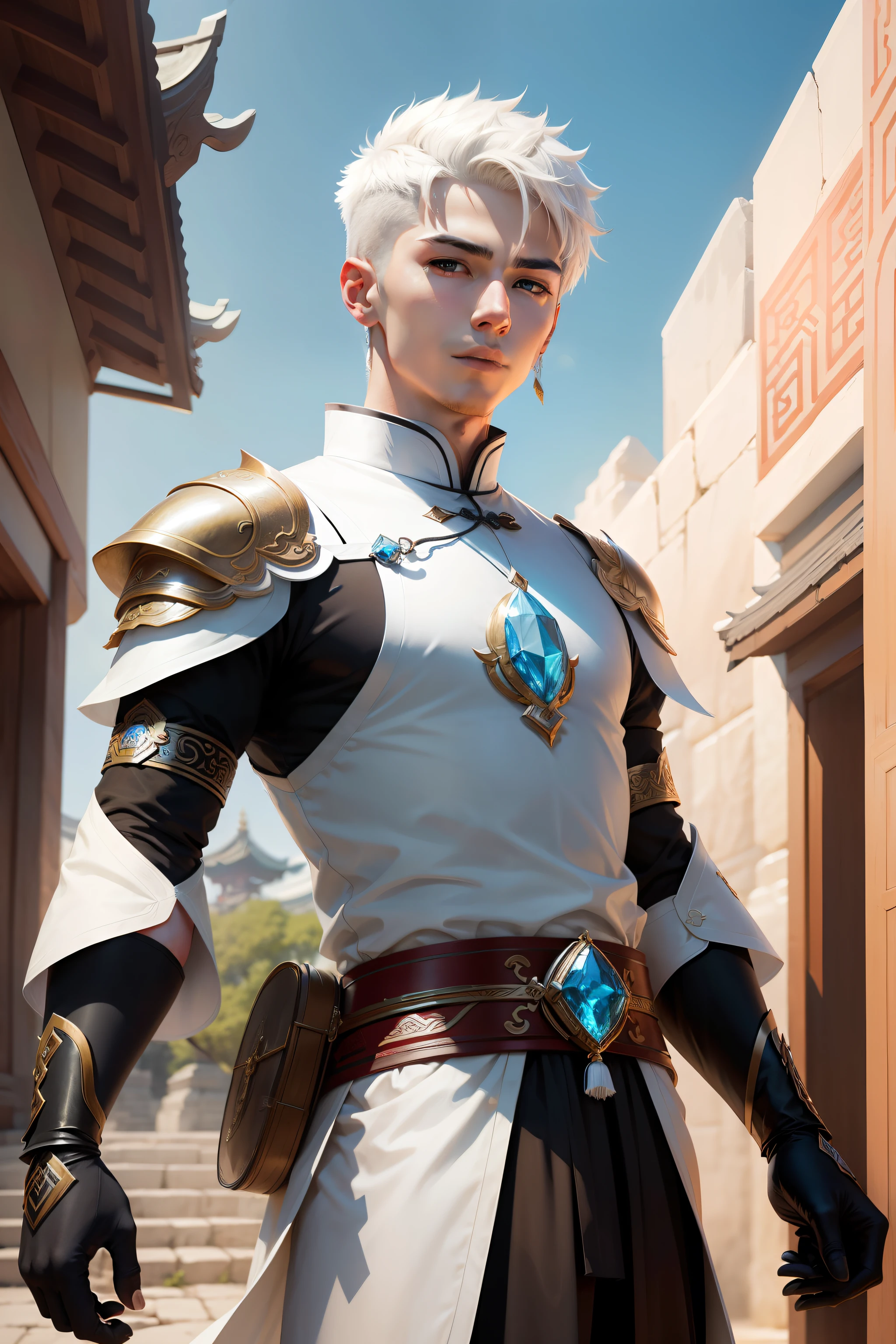 Young man with short white hair,Put on crystal armor,Ancient Chinese wind。