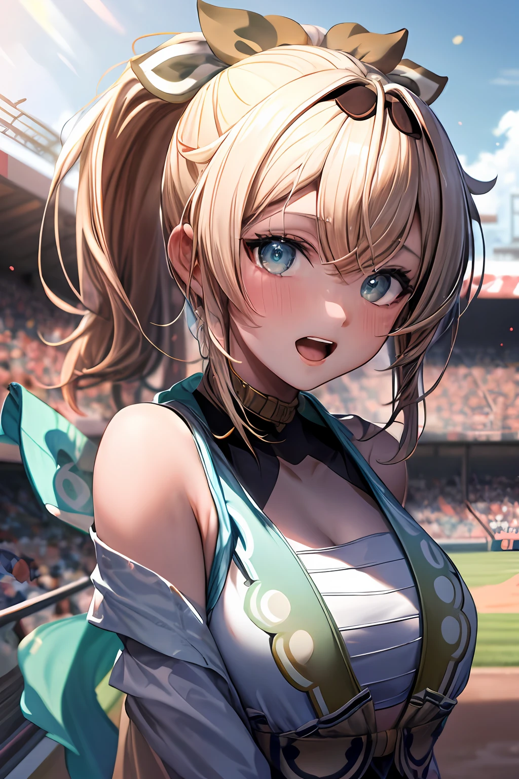 upper body, 1girl, (ninja), huge breats, blush, bare shoulders, scarf, wallpaper, light particles, (anime, tone mapped:1.2), open mouth, looking at viewer, shirt, baseball ground, (symmetric), (exceptional, best aesthetic, new, newest, extremely detailed:1.2), best quality, masterpiece