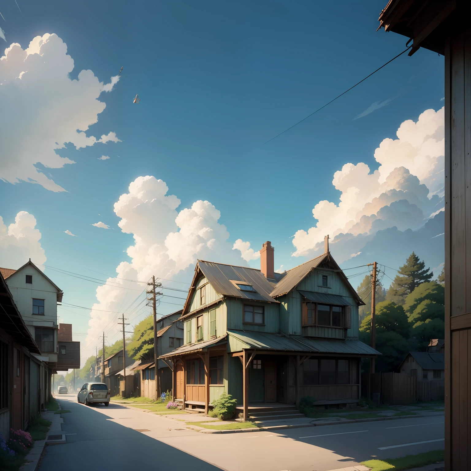 Very cozy little place, surrealism, (Makoto Shinkai anime: 0.4), dilapidated old houses on city streets, home wiring, outdoors, sky, clouds, daytime, landscapes, trees, blue sky, buildings, signs, wires, railings, Wide shot, telephone poles, town, wilderness, flowers, a mess of utensils