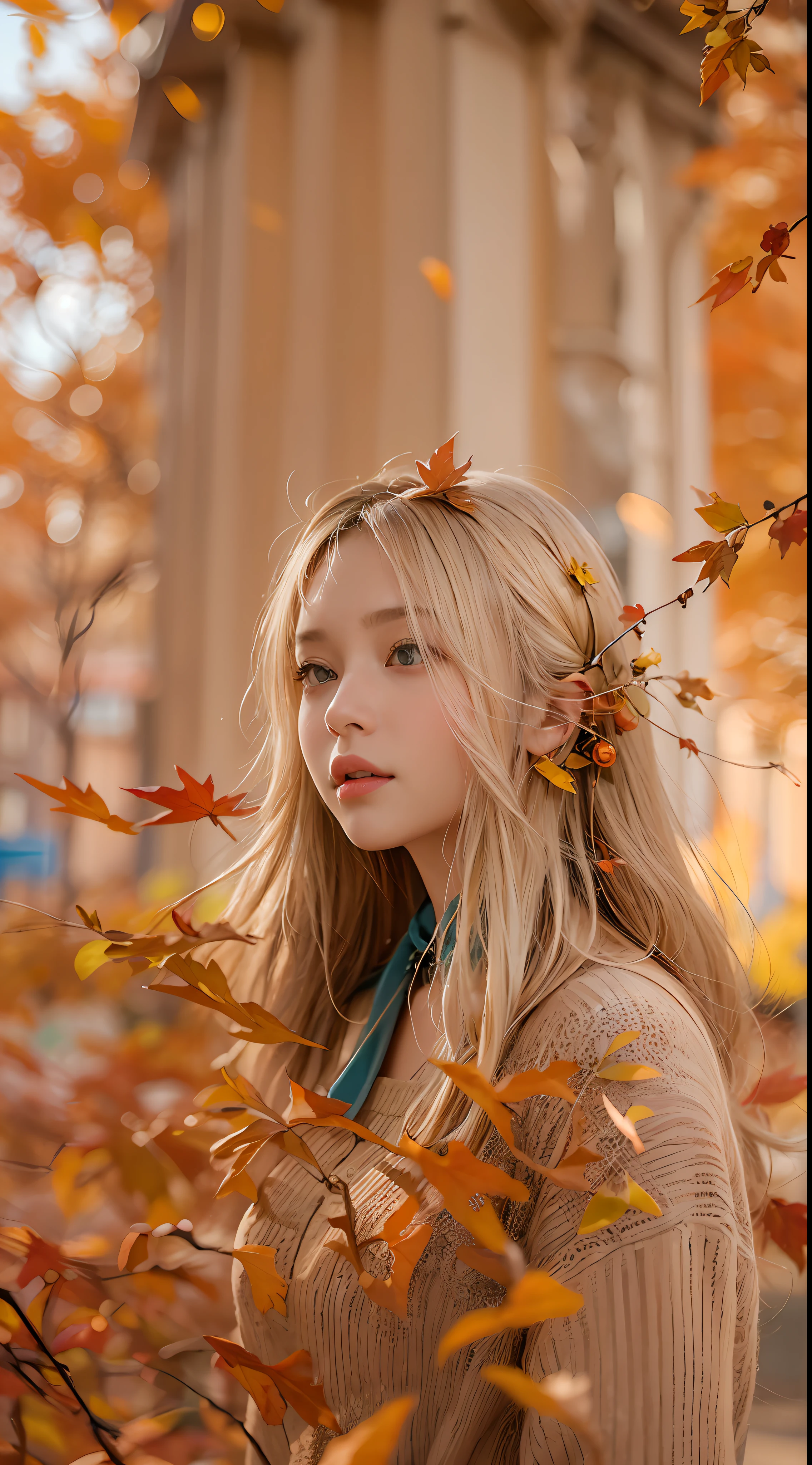 Picture quality:High detail masterpiece 8K high resolution body content:On the street in autumn,The autumn breeze hits,Warm light background:1girll,Surrealist portraits of women by David Hockney and Alphonse Mucha,hair glowing,low tune,whaite hair,long whitr hair,Elegant action atmosphere:warm and comfortable,With a little autumn coolness of the lights:Warm color:High saturation,Bright composition:Vista composition style reference:photographrealistic
