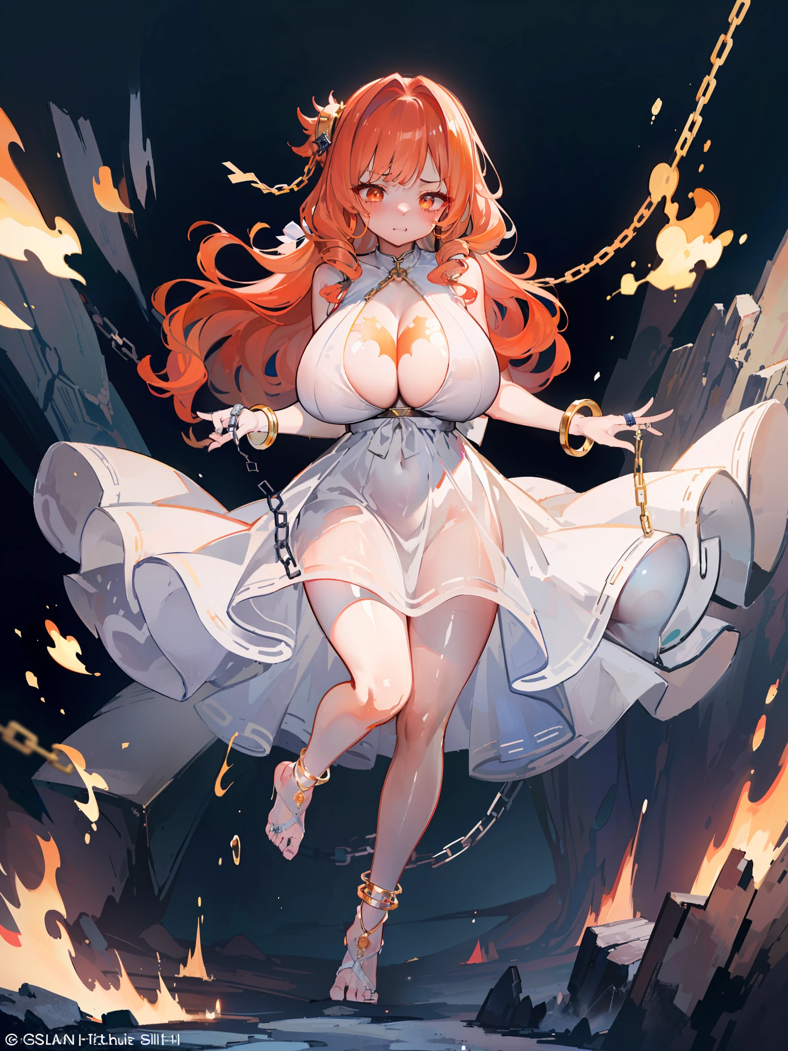 (Golden ratio:1.2),[(with black background:1.4)::10],(Masterpiece), (Best quality), (Ultra detailed),(Disheveled hair),(illustration),(细腻细致), (Intricate details), (Cinematic light, 最优质的背光), 清晰的线条, 独奏，perfect bodies，(1girll:1.3),SWAV,Solo,full bodyesbian,Slime girl,(Transparent red skin:1.4),（Exaggerated body proportions）,（Nine-headed body）,Orange eyes,(Long dark red hair,slanted bangs,Wavy curly side ponytail hairstyle,Braided lateral hair),((gigantic cleavage breasts,(Heavy breasts:1.2)+(long breasts:1.3)+(Crazy swollen breasts:1.4),(Breasts are larger than the body:1.3)),((White dress:1.3)+(Red neck ring:1.3)+(Steel chains(handcuff,anklet):1.2)),(Near a pile of lava bubbling rocks:1.2)+[(Inception:1.2)],hyper HD, retinas, Anatomically correct, Textured skin, Super detail, Best quality,