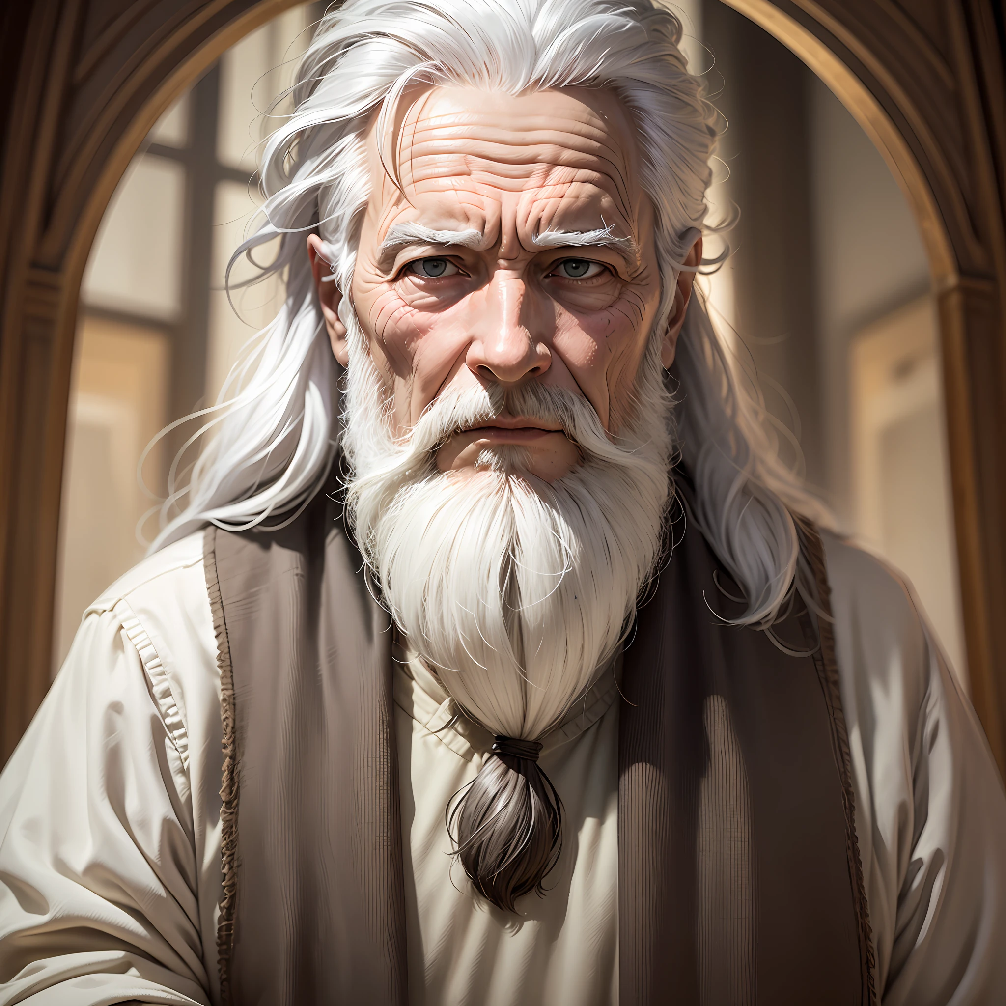 an elder with a beard and white hair, com rosto sereno, look of compassion producing, dentro de um templo --auto --s2