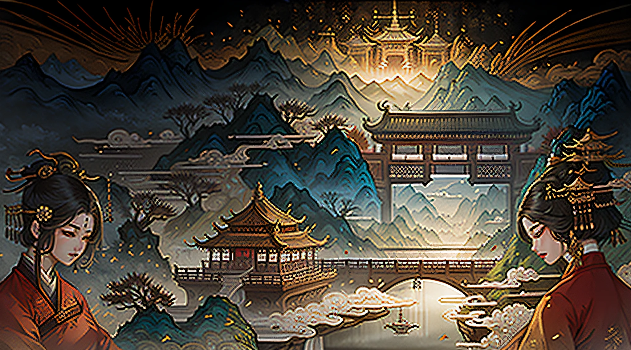 ancient chinese painting, ancient chinese background, mountains, river, auspicious clouds, pavilions, sunlight, masterpiece, super detail, epic composition, ultra hd, high quality, extremely detailed, official art, unified 8k wallpaper, super detail