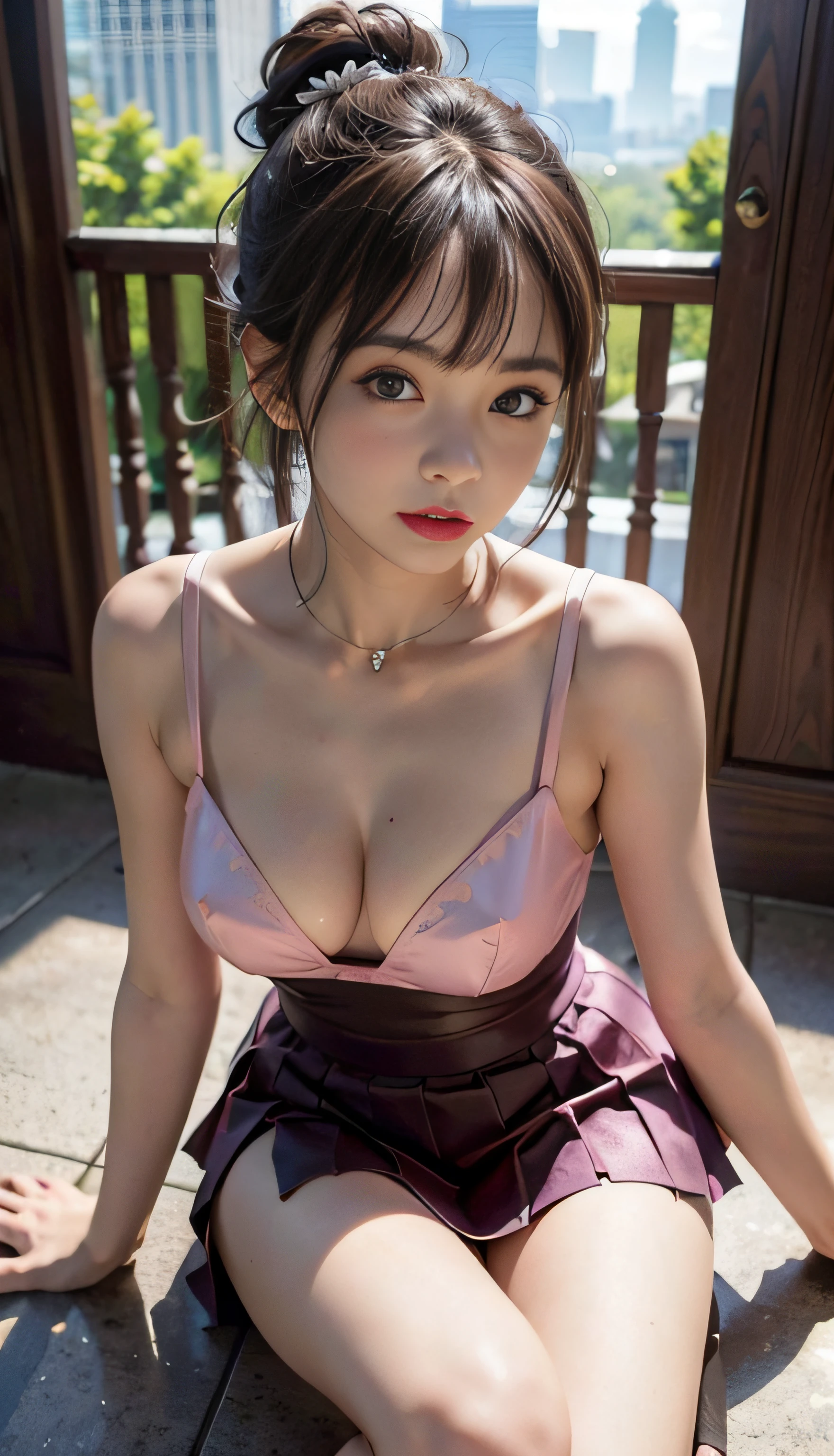 (Raw photography、top-quality)、(realisitic、Photorealsitic:1.3)、top-quality、masterpiece、extremely delicate and beautiful、A highly detailed、nffsw、A sense of unity、2k wallpaper、magnifica、Beautiful in every detail、masterpiece、浅笑、top-quality、Highly detailed ticker Unity 8K wallpapers、huge filesize、ultra-detailliert、hight resolution、ighly detailed、Female 1 Person、Slim body、D-cups、(Black Leotard Top:0.7)、(Pink skirt:1.2)、(Bun hair)、(brown haired)、Look at the front、Sharp Focus、Face Close-up、pureerosface_v1:0.8 Short Hair、Instagram、Viewer's Perspective、selfee