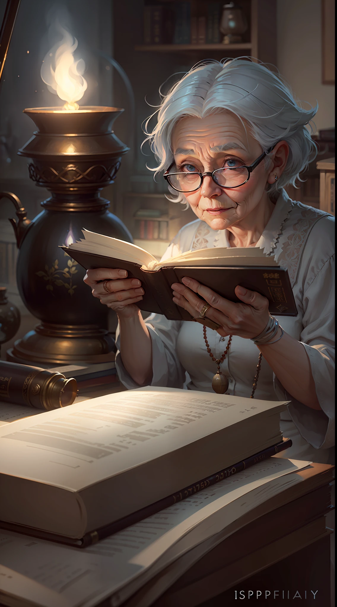 An old woman with white hair,Book in hand,Wearing glasses,Glowing oil lamp in background,pixar-style,super detailing,16K resolution。