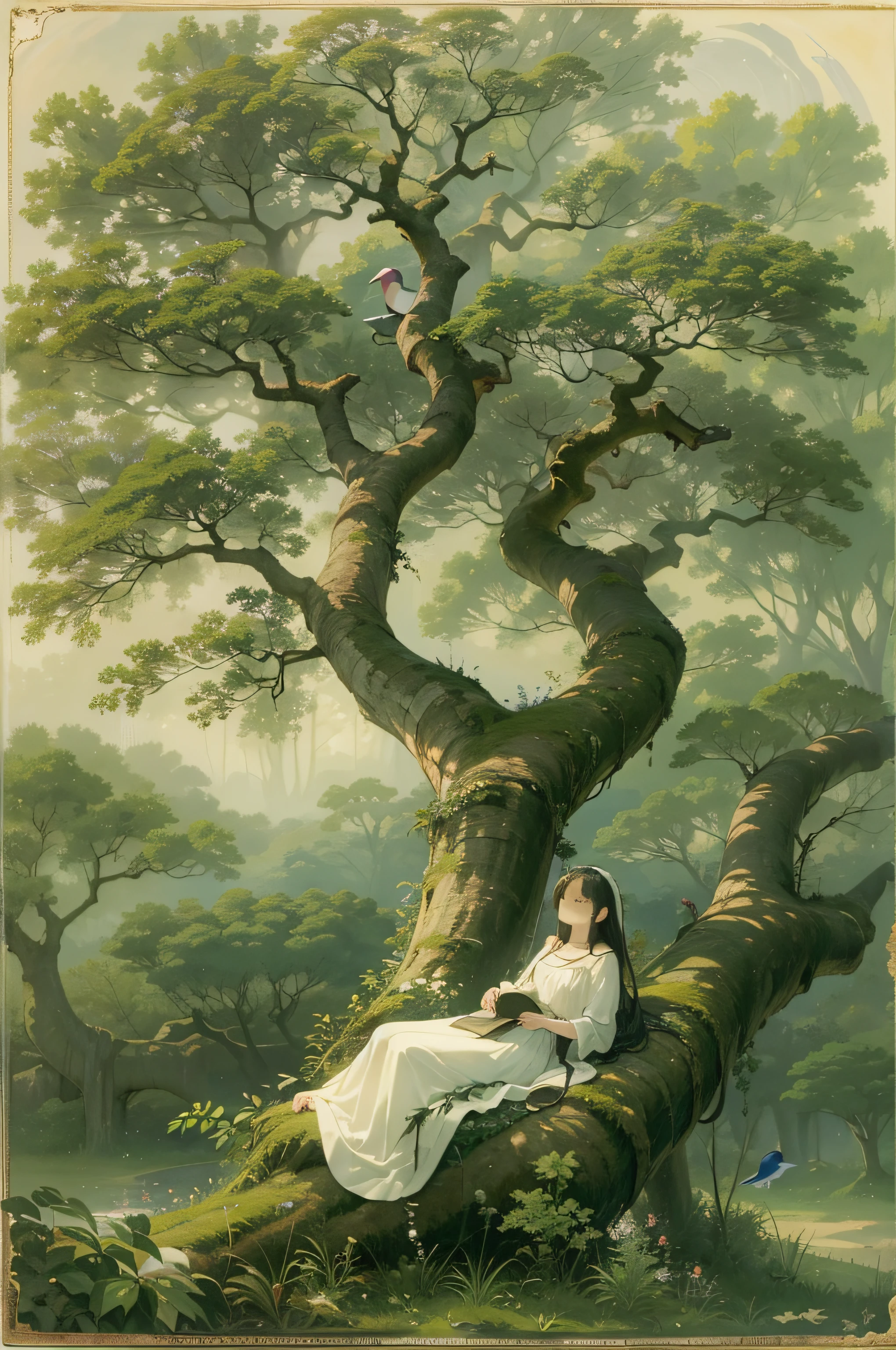 O'er all the hilltops Is quiet now, In all the treetops Hearest thou Hardly a breath; The birds are asleep in the trees: Wait, soon like these Thou too shalt rest. Wanderer's Nightsong II Johann Wolfgang von Goethe、rays of moonlight、Birds are resting on tree branches、Woman resting alone at the base of a big tree、​masterpiece、realisitic