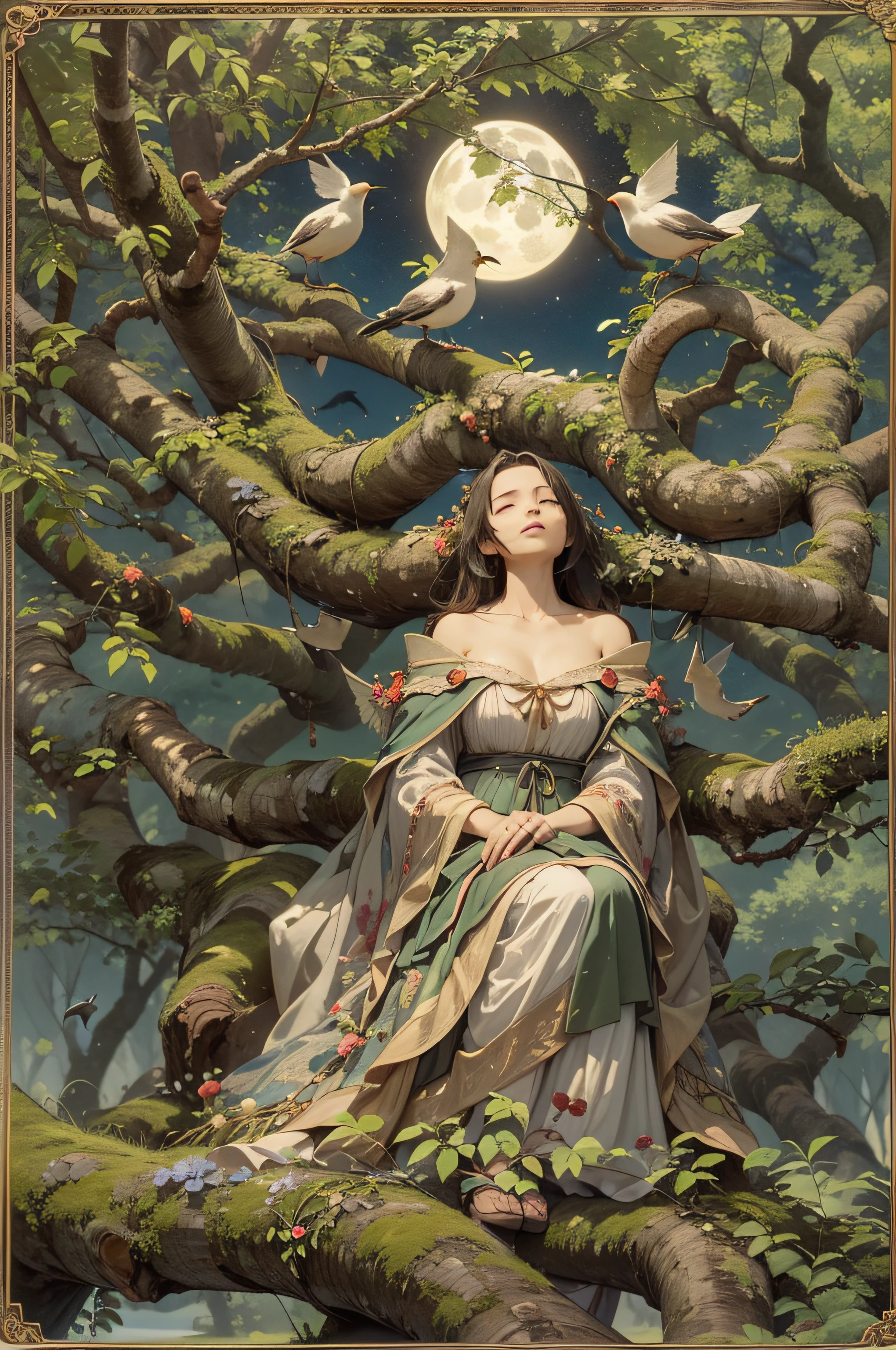 O'er all the hilltops Is quiet now, In all the treetops Hearest thou Hardly a breath; The birds are asleep in the trees: Wait, soon like these Thou too shalt rest. Wanderer's Nightsong II Johann Wolfgang von Goethe、rays of moonlight、Birds are resting on tree branches、Woman resting alone at the base of a big tree、masterpiece、realisitic