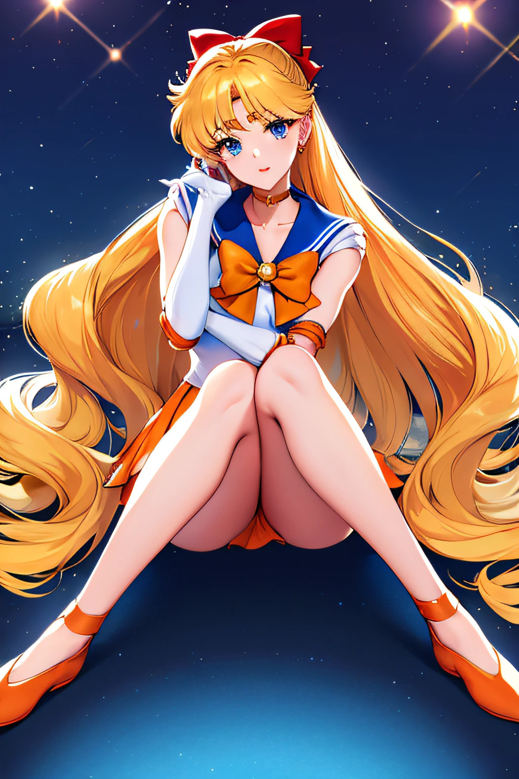 masterpiece, best quality, highres, venus1, 1girl, solo, sailor senshi uniform, sailor venus, aino minako, blonde hair, magical girl, blue eyes, orange skirt, elbow gloves, tiara, pleated skirt, hair bow, orange sailor collar, miniskirt, choker, red bow, orange choker, white gloves, very long hair,  jewelry,  earrings, sitting, crossed legs,