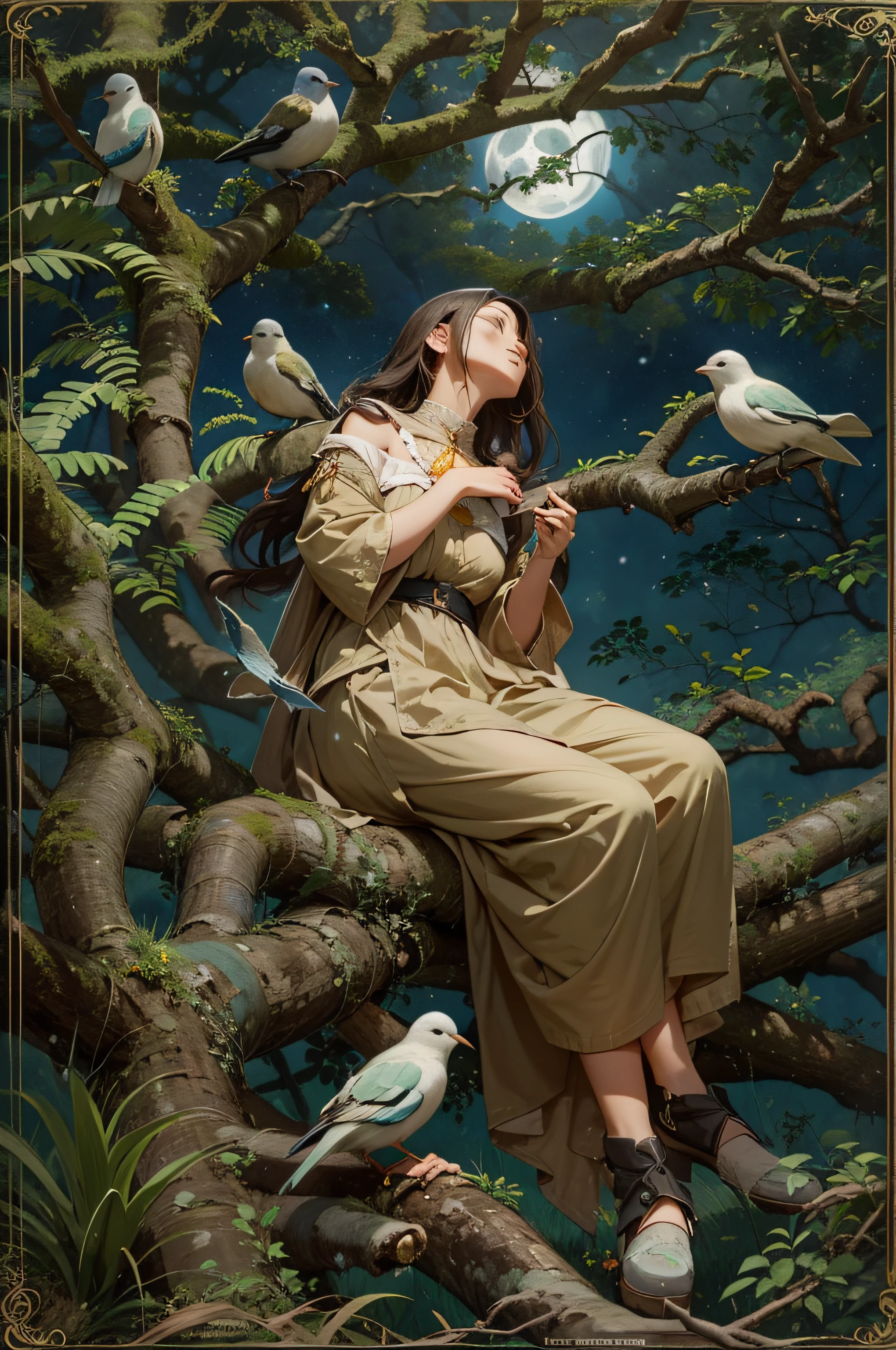 O'er all the hilltops Is quiet now, In all the treetops Hearest thou Hardly a breath; The birds are asleep in the trees: Wait, soon like these Thou too shalt rest. Wanderer's Nightsong II Johann Wolfgang von Goethe、rays of moonlight、Birds are resting on tree branches、Woman resting alone at the base of a big tree、masterpiece、realisitic