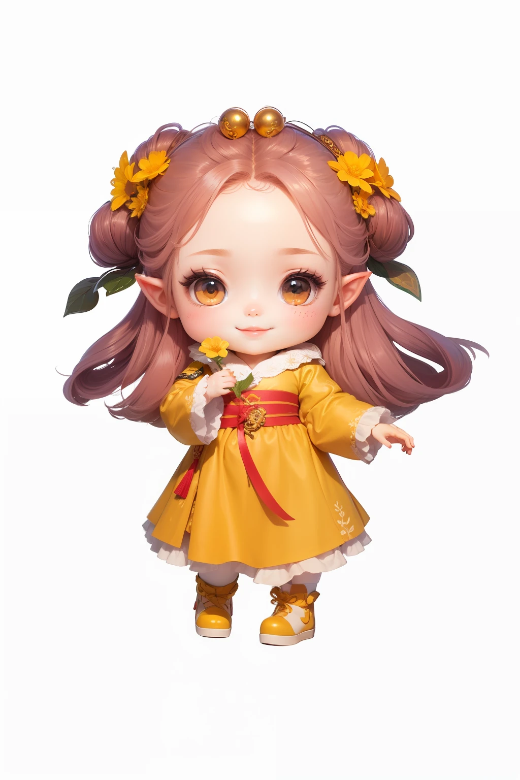 a close up of a doll with a flower in her hand, She was smiling brightly，highly detailed character, cute character, Guviz, elf girl wearing an flower suit,Guviz-style artwork, lalafell, detailed character, Palace ， A girl in Hanfu, guweiz masterpiece，