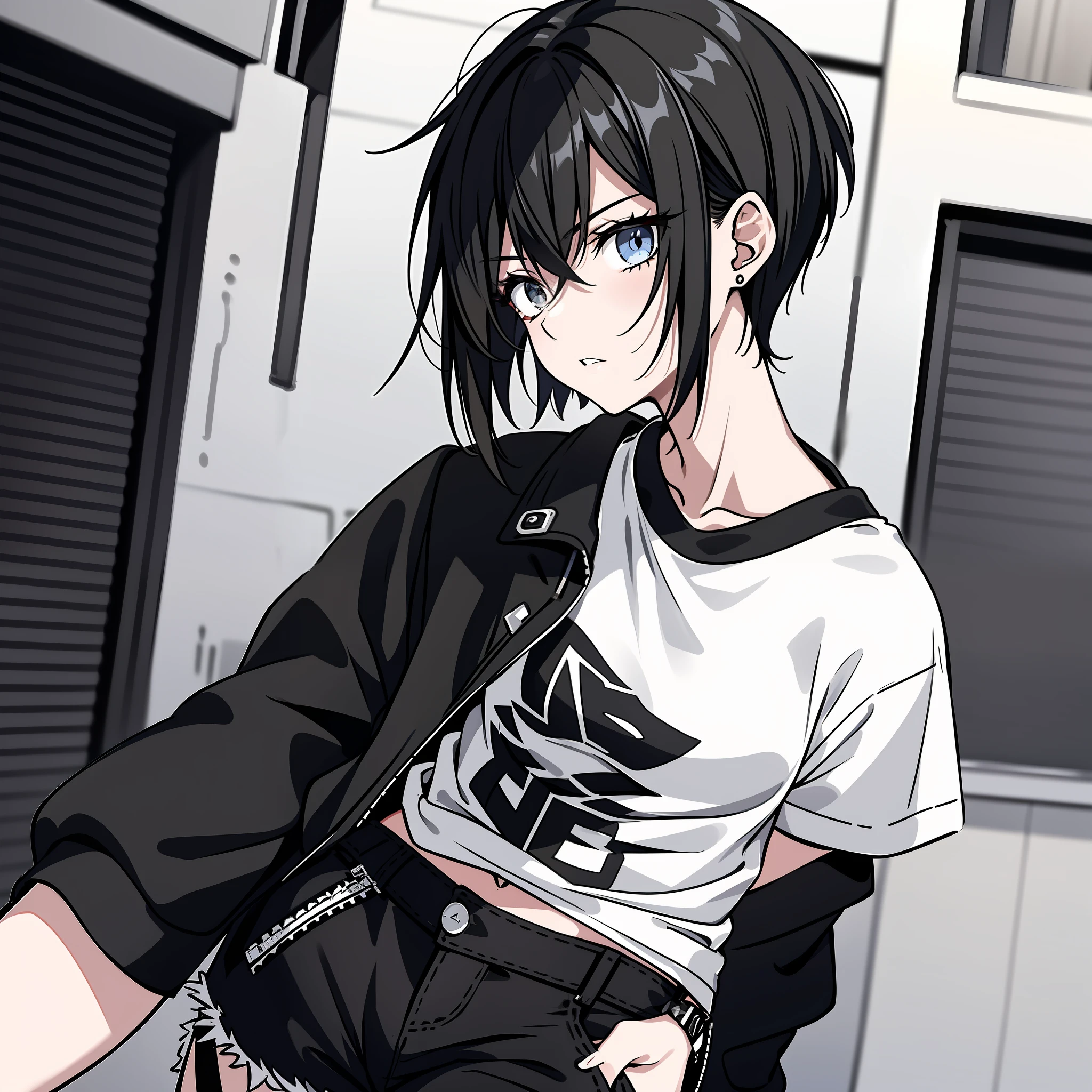 Tomboyish girl, side portrait, black and white, messy short hair, edgy accessories, ripped jeans, sporty style, casual t-shirt, confident gaze, monochrome color scheme, looking to the side, chic street fashion, casual hands in pockets pose