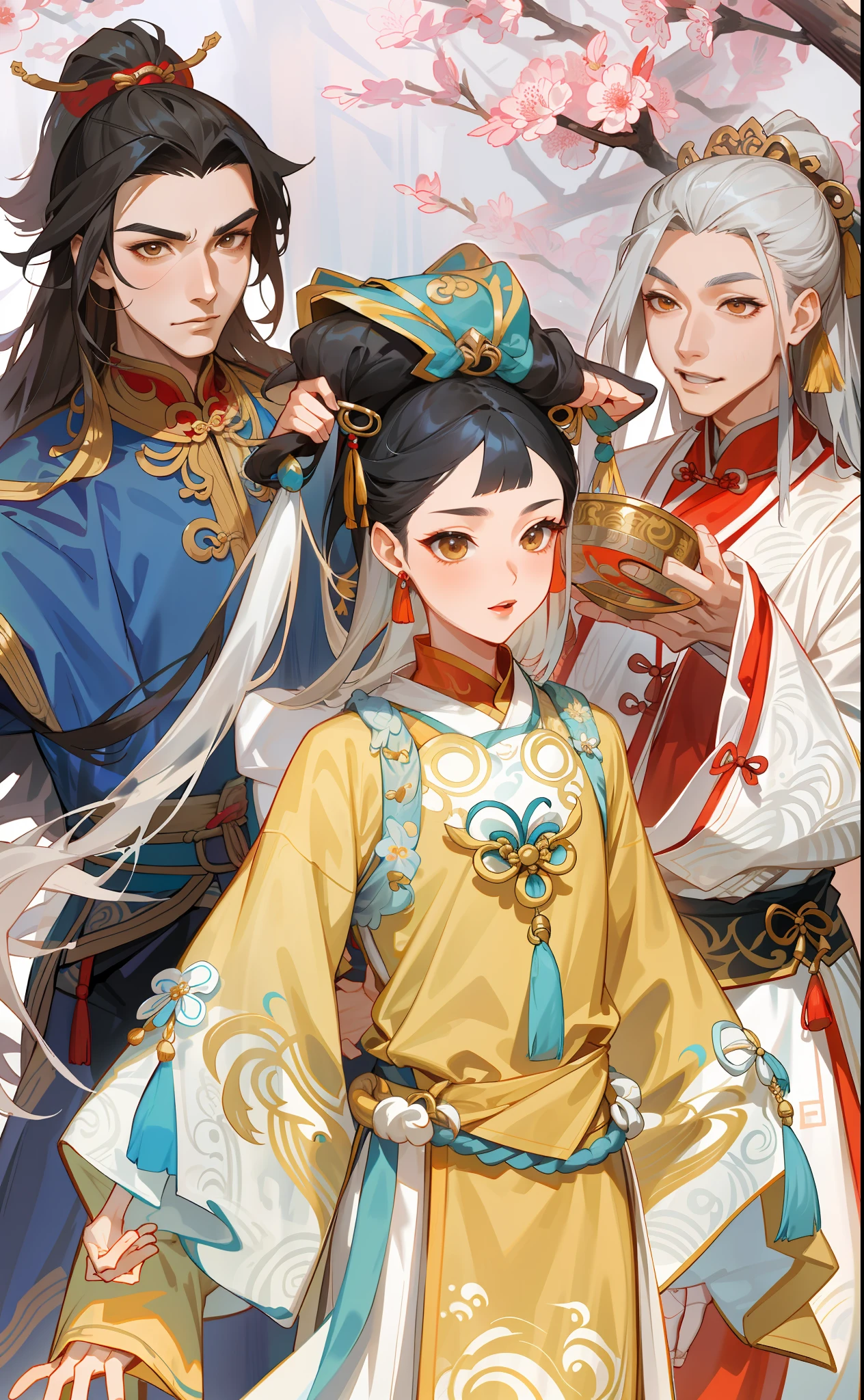 NSFW,tmasterpiece,Need,super-fine,Semi-realistic,2male,Mature male,1womanl,A MILF,Two Asian men dressed in traditional costumes stand behind them,Asian woman in traditional dress, A woman in Hanfu, Two men in Chinese clothing,Meticulous facial features,long whitr hair,Wearing exquisite fairy costumes,Since ancient times, full-body wuxia, Chinese fantasy, xianxia fantasy, Palace