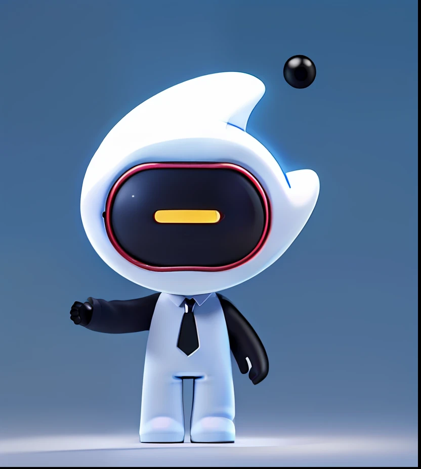 tmasterpiece,best qualityer,droid,black eye mask,eBlue eyes,white backgrounid,Looking directly at,full bodyesbian,Welcome gesture,Wear a white tie,standing on your feet,without humans,with light glowing,8K,super-fine,high detal