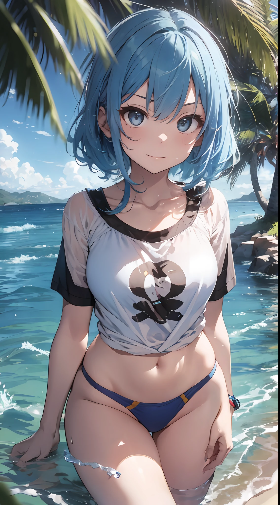 (NSFW:1.2), (8K, Raw photography, Top image quality, tmasterpiece: 1.4), ultra highly detailed, (realisitic, photoreallistic: 1.48), 1girl in, Solo Focus, type moon style, Kyoto Animation Style, short-length hair, (blue hairs:1.7), Blunt bangs, Hair Between Eyes, Clear eyes, side locks, White hair, Shiny hair, beautiful detailed cold face, Seductive smile, angry, complex details beautiful and delicate eyes, bare_shoulders, huge-breast, Gray eyes, White skin, Hair Ornament, (((T-shirt))), swim ring, swimsuit, beautiful bare back, Sandals, Skindentation, 鎖骨, bare_Legs, beach, Beautiful detailed sky, White sand, tree, very precise details, absurdist, Extremely detailed, 16k wallpaper,remrezero