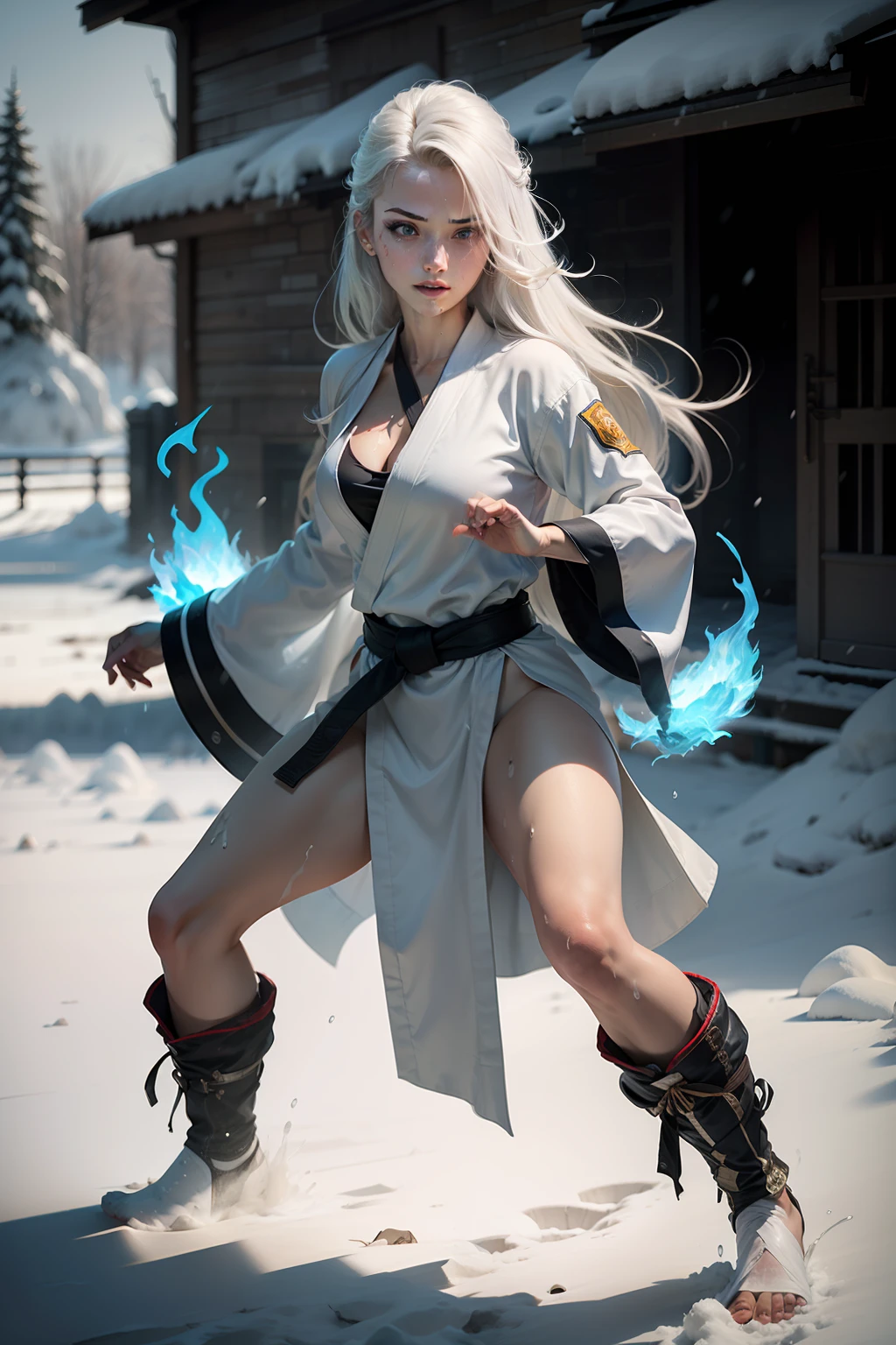 martial artist beautiful and hot girl with bright blue fire coming out of her hands, seductive look, martial art stance, under rain, white hair, long hair, swept bangs, expressive hair, wet hair, scar across eye, glowing eyes, blue eyes, seductive smile, full body martial artist white robe, nosebleed, badass shot, badass, outside, snow, Action painting, bloom, ray tracing, drop shadow, wide shot, panorama, Canon, bloom, anatomically correct, textured skin, high quality, best quality, highres, high details, masterpiece, portrait