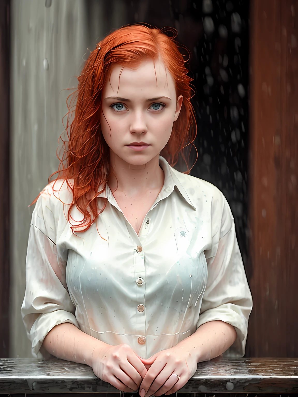 a portrait of a (soaking wet of a milk:1.2) redhead, teacher is sitting on a porch, [white shirt : 18], slate atmosphere, cinematic, dimmed colors, dark shot, muted colors, film grainy, lut, insane details, intricate details, hyperdetailed, closeup, twilight